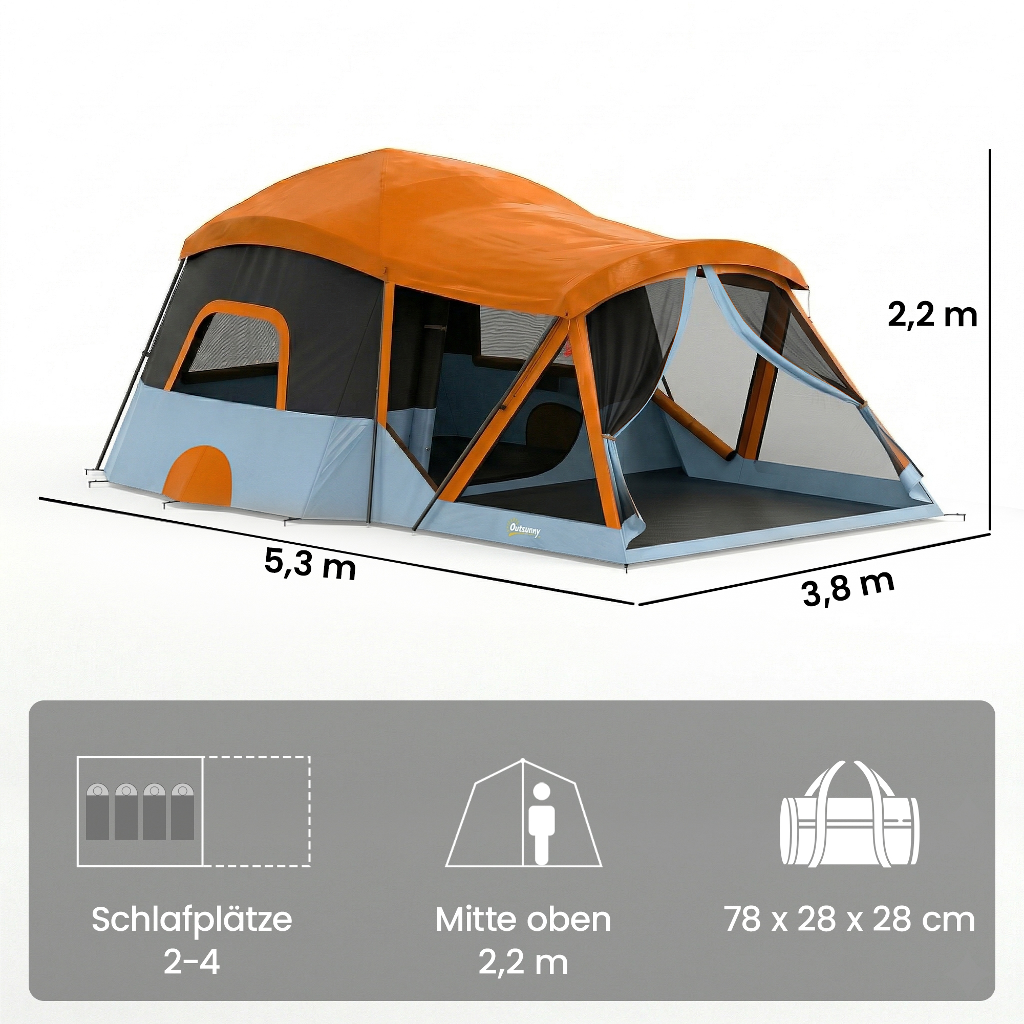 Tunneltelk 4 inimesele, peretelk magamis- ja elutoaga, katuseaknad, põrandakate, seismiskõrgus 3000 mm, veesammas