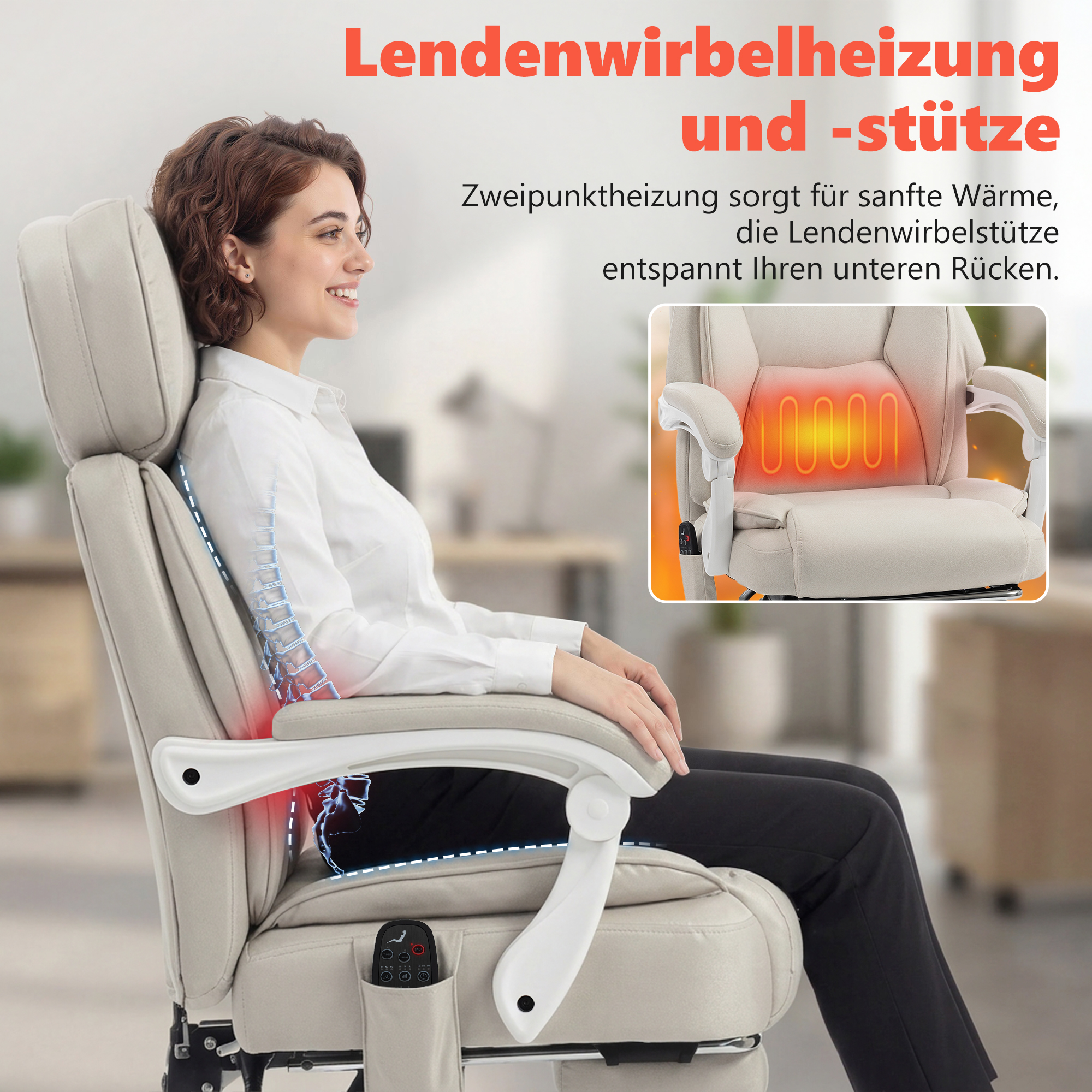 Kõrge seljatoega kontoritool vibratsioonimassaaži ja soojendusega, ergonoomiline, kallutatav, jalatoega, kreemvalge