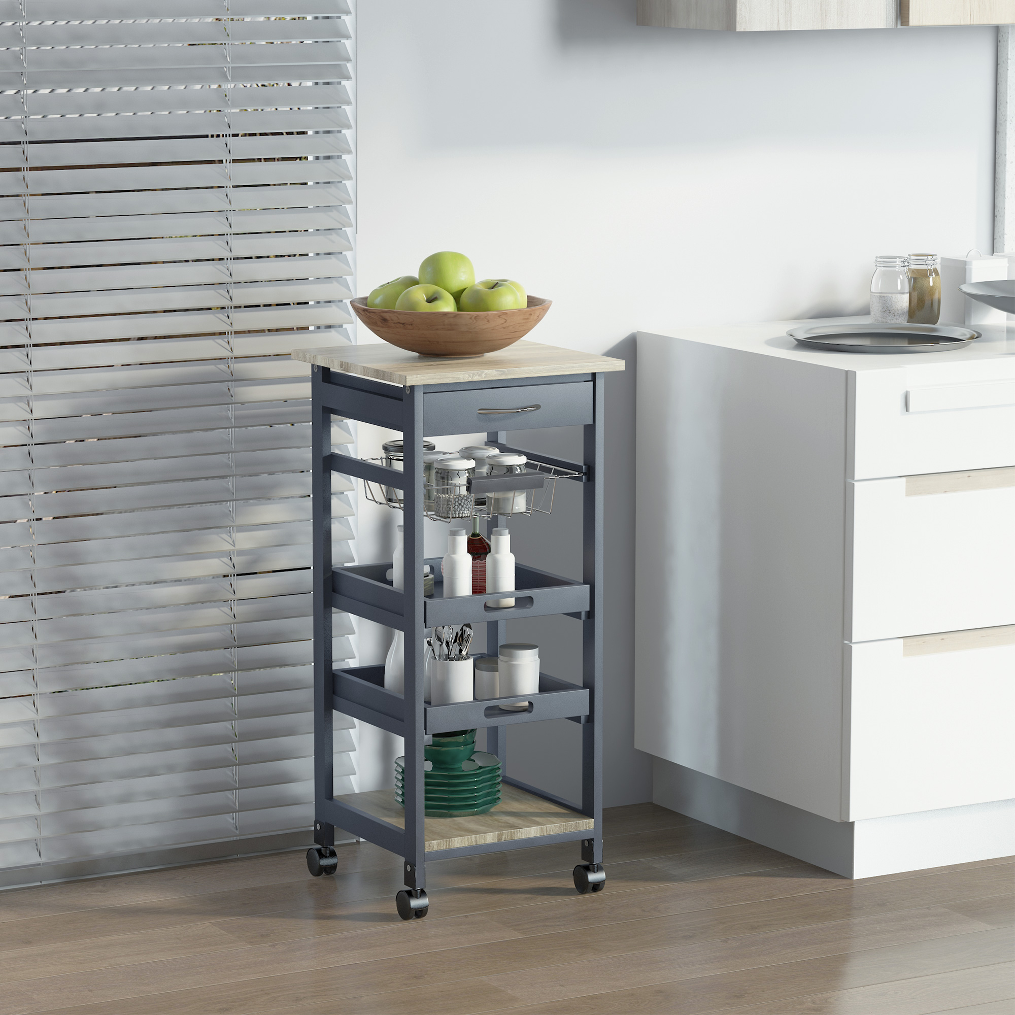 HOMCOM Chariot de service desserte de cuisine à roulettes panier + 2 plateaux amovibles, tiroir, étagère en bois chêne clair HOMCOM Chariot de service desserte de cuisine à roulettes panier + 2 plateaux amovibles, tiroir, étagère en bois chêne clair