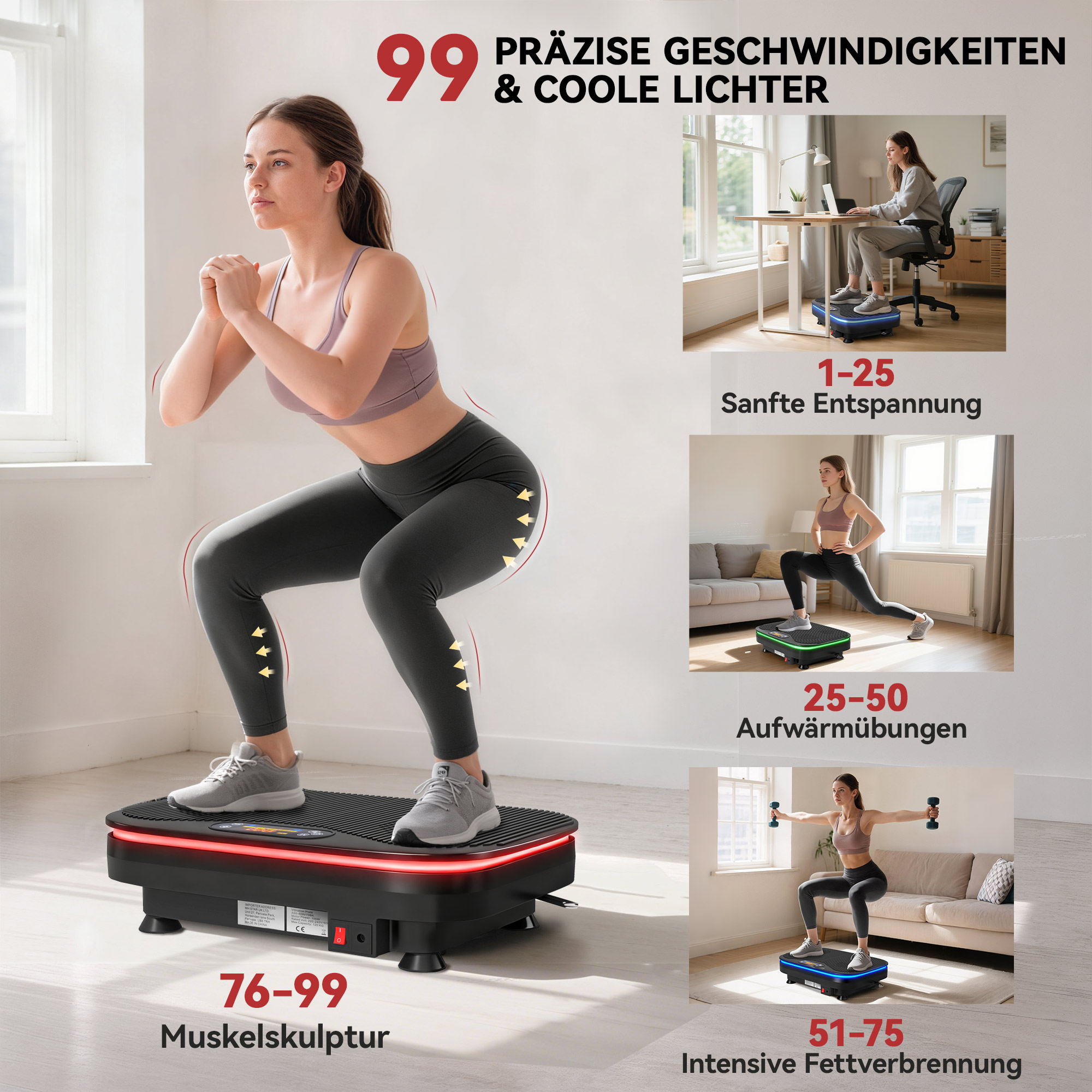 Vibratsiooniplaat treeningharjutusteks, Bluetooth-funktsioon, kaugjuhtimispult, 99 kiirusetaset, plastik, teras, must