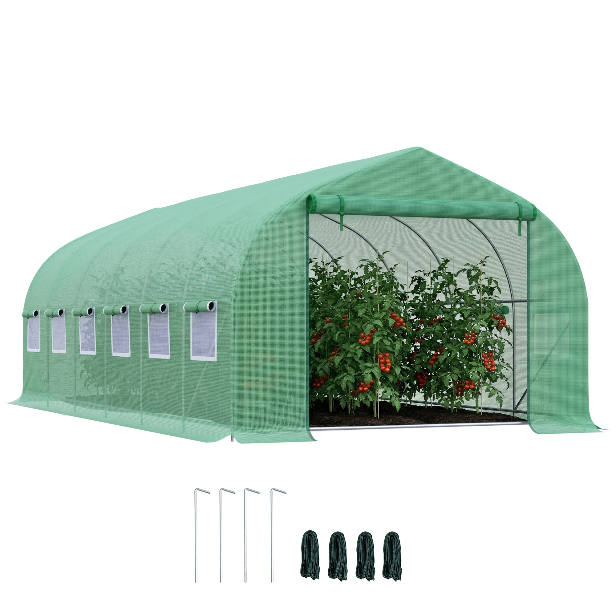 Outsunny Invernadero de Túnel 595x300x200 cm con 12 Ventanas Puerta Enrollable Cremallera para Cultivo Protección Plantas Verde | Aosom España