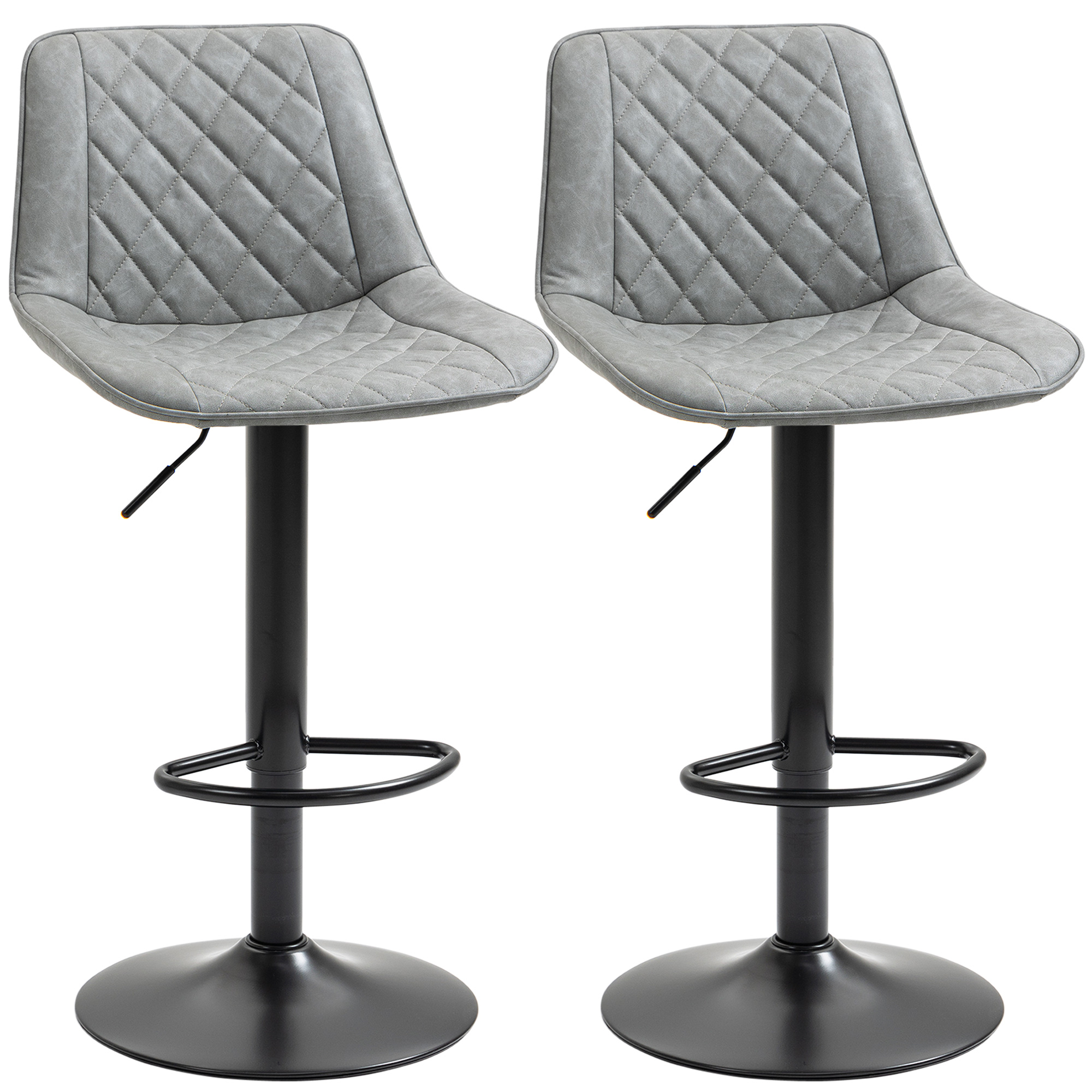 HOMCOM Juego de 2 Taburetes de Bar Giratorios Altura Ajustable 86-106 cm Tapizada en Cuero Sintético Respaldo y Reposapiés Gris