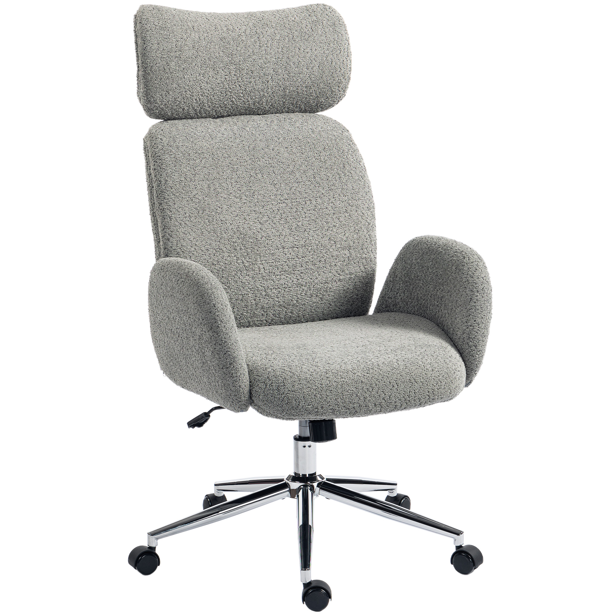 HOMCOM Schreibtischstuhl Homeoffice Stuhl mit Armlehne, verstellbarer Kopfstütze, höhenverstellbarer Drehstuhl mit Wippfunktion, Bouclé-Optik, Bürostuhl für Schlafzimmer, Arbeitszimmer, Dunkelgrau Aosom