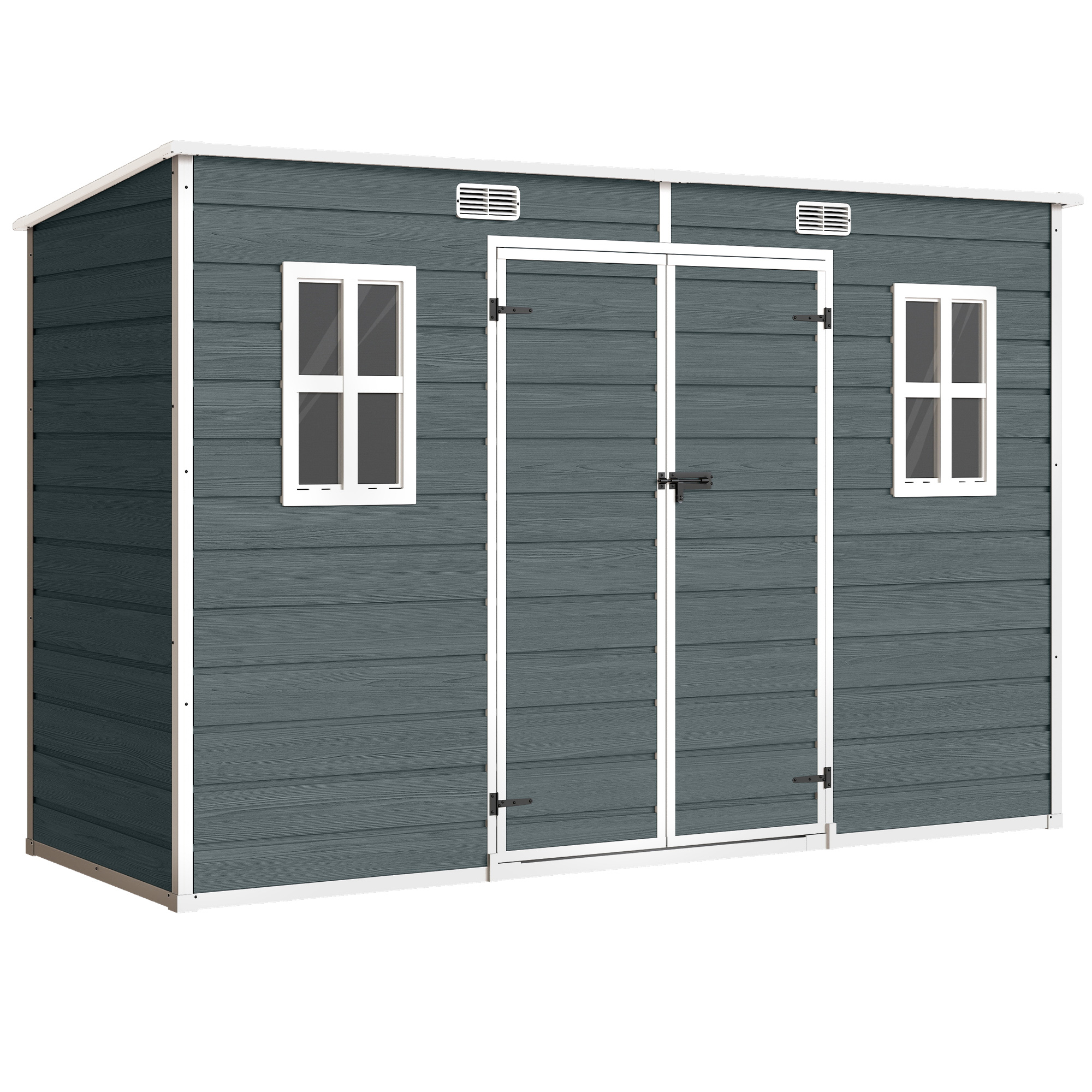 Outsunny Gerätehaus 3,2m², Geräteschuppen mit Pultdach, 303x123x197cm, Kunststoff Gartenschuppen mit Fenster Doppeltür Schloss Belüftungsöffnung Boden Holzoptik, Gartenhaus für Werkzeuge Grau Aosom