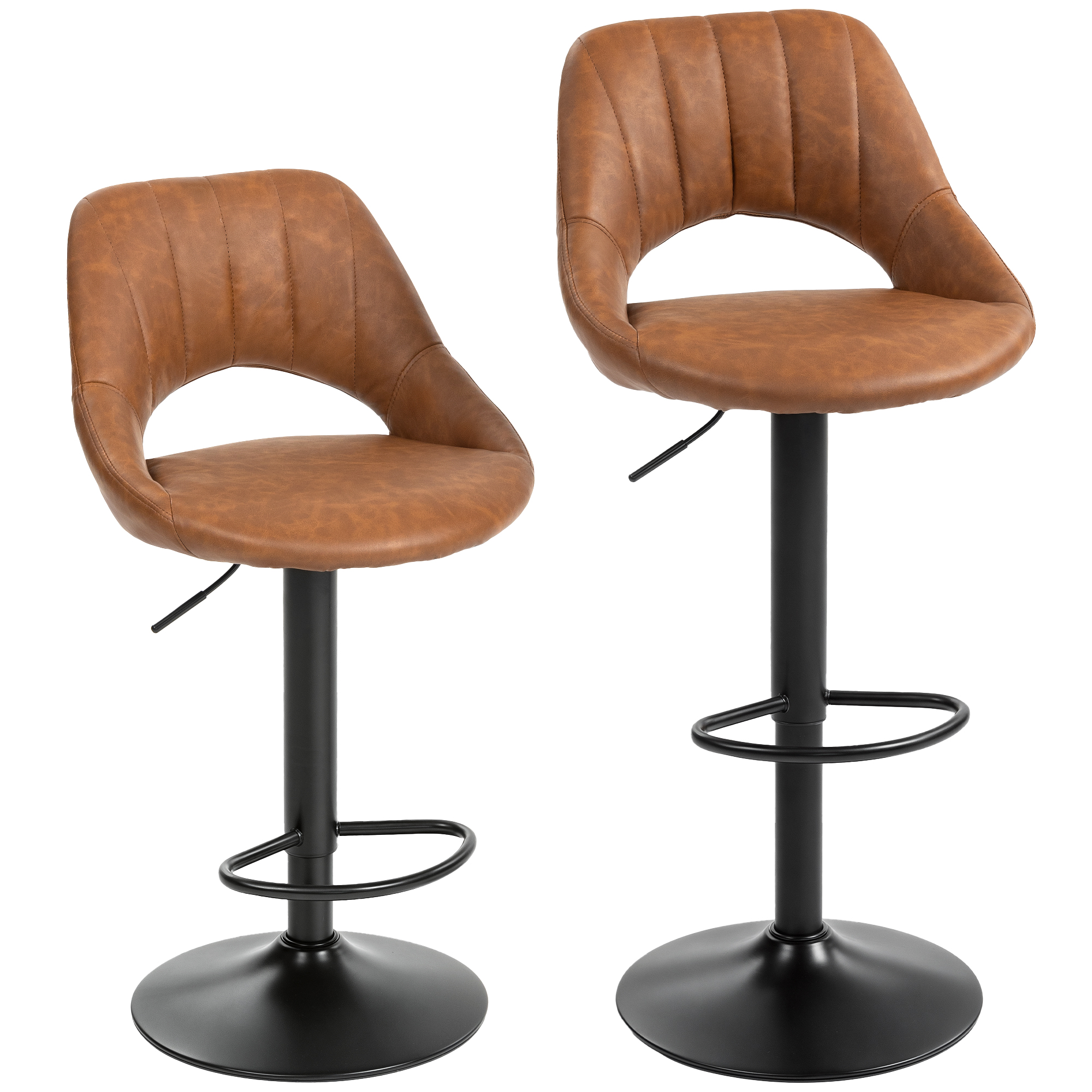 Homcom Brown Bar Stools Set Of 2, Pu Leather Swivel Barstools With Backrest And Footrest For Kitchen, Counter, Breakfast Bar,