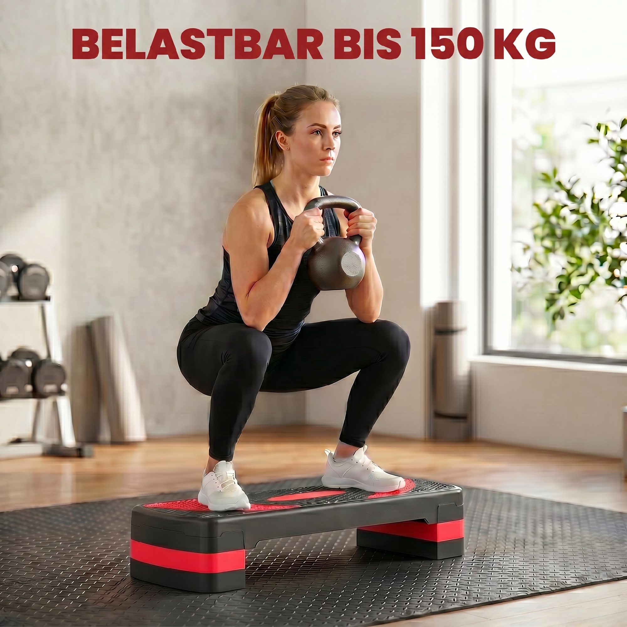 Aeroobne astmelaud, reguleeritava kõrgusega, sise- ja välistingimustes kasutamiseks, kandevõime kuni 150 kg, 80 x 31 x 10-20 cm, punane