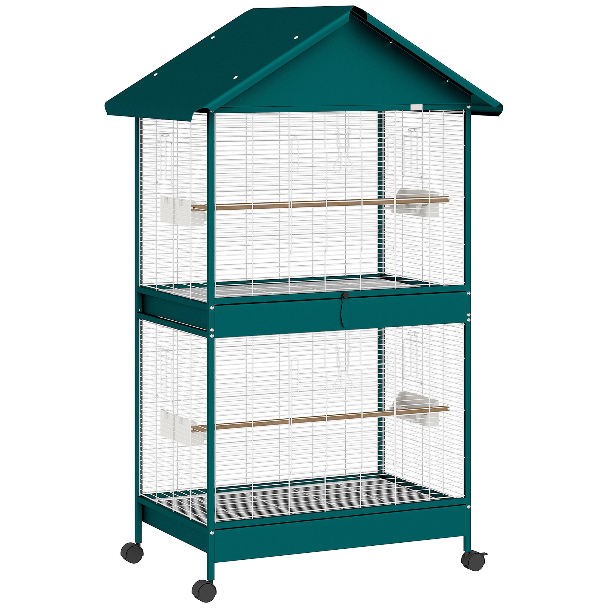 PawHut Cage à oiseaux sur roulettes avec séparateur amovible, 6 mangeoires et 4 perchoirs, 2 plateaux coulissants, pour perruches, cockatiels, canaris