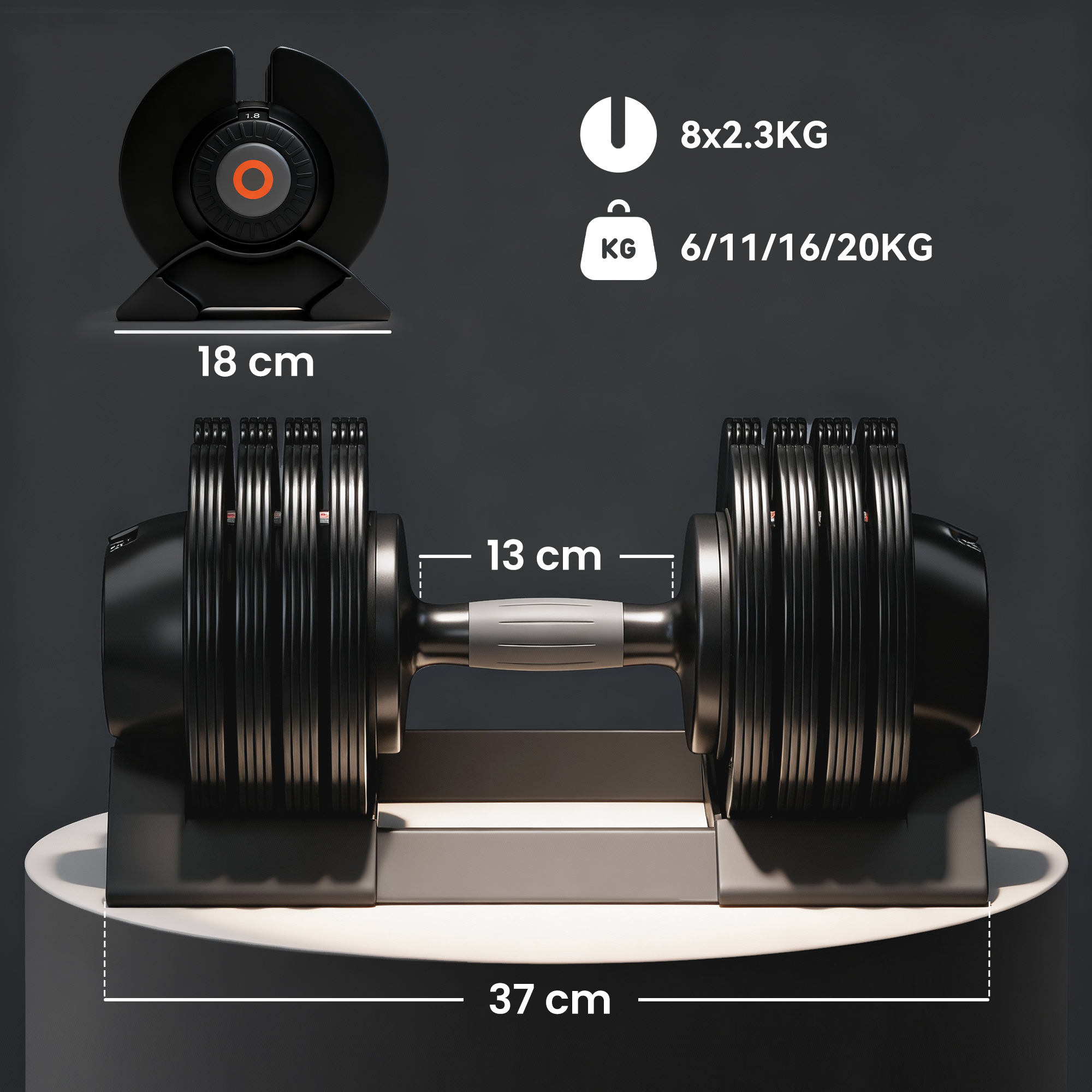 Reguleeritav hantl, 6-20 kg hantl hoiuruumiga, libisemiskindel käepide, plastmassist hantl