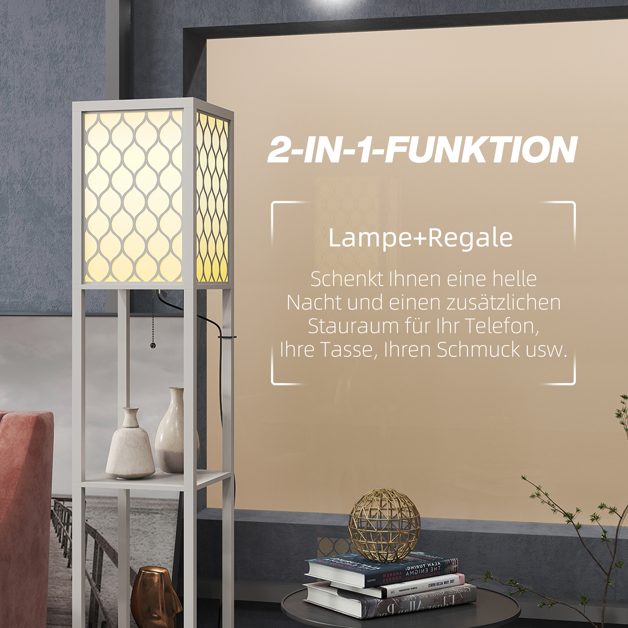 Moodsa disainiga põrandalamp, 2 riiulit, ketiga lüliti, 26 cm x 26 cm x 156 cm, must + valge