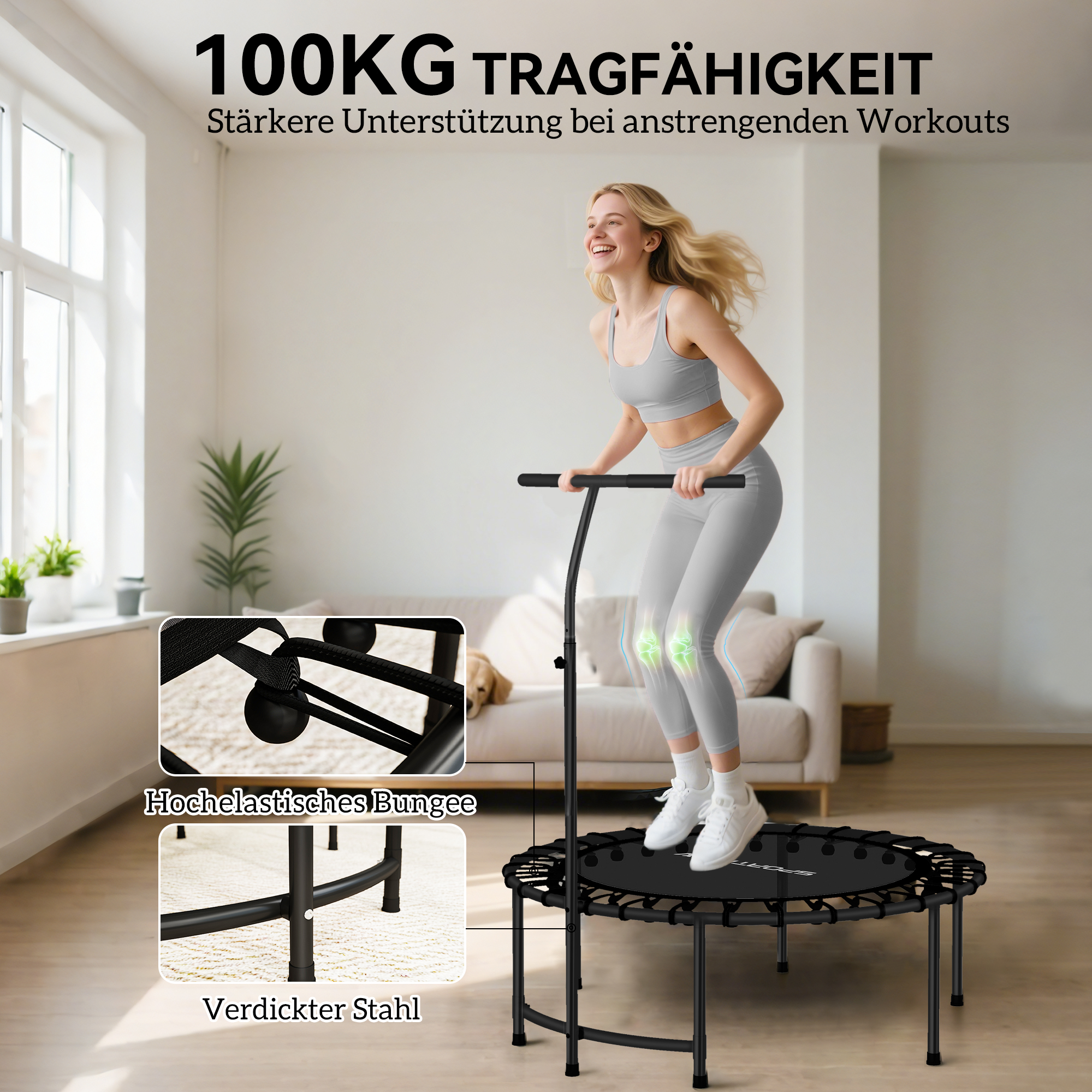 Rebounder batuut, 5-astmeline reguleeritav käepide, treeningbatuut, must