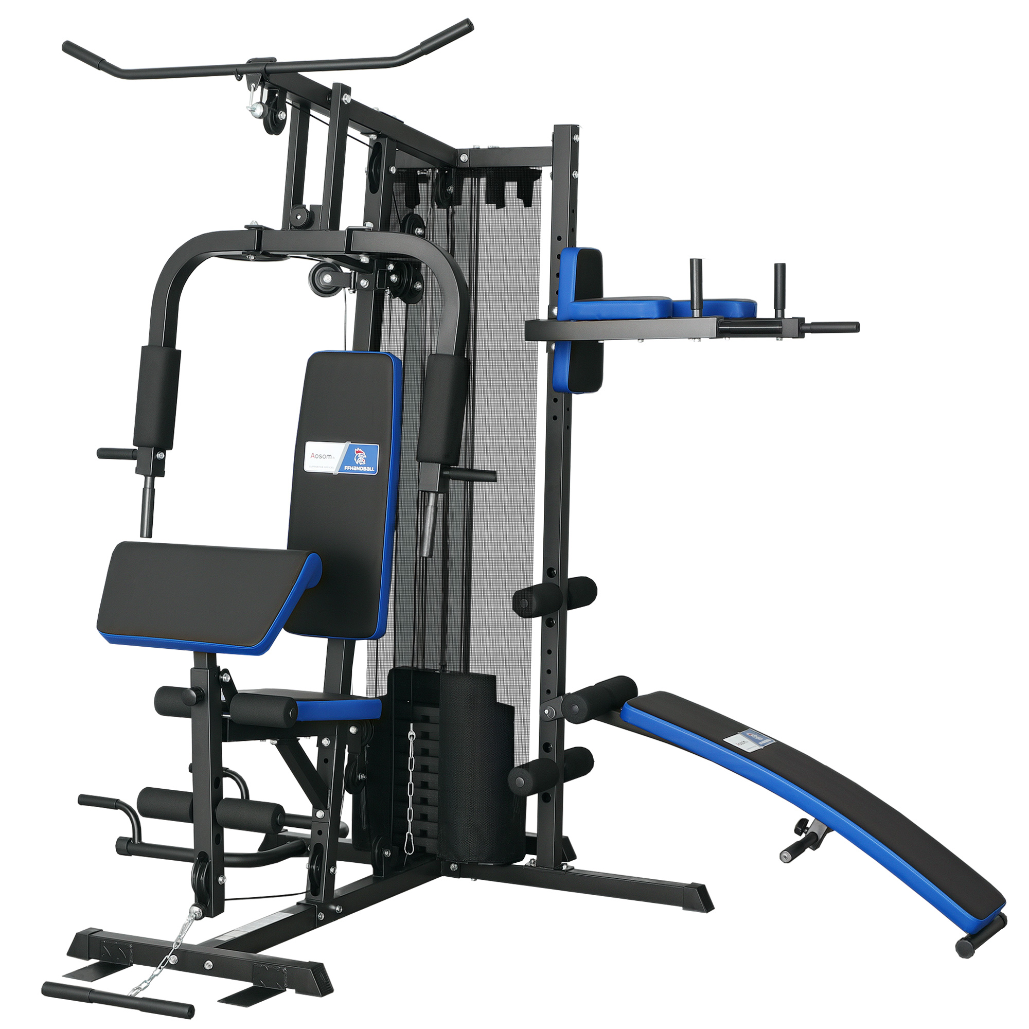 SPORTNOW Station de Musculation avec Pile de Poids de 65 kg, Équipement de Gym à Domicile avec Banc pour Abdominaux, Noir et Bleu