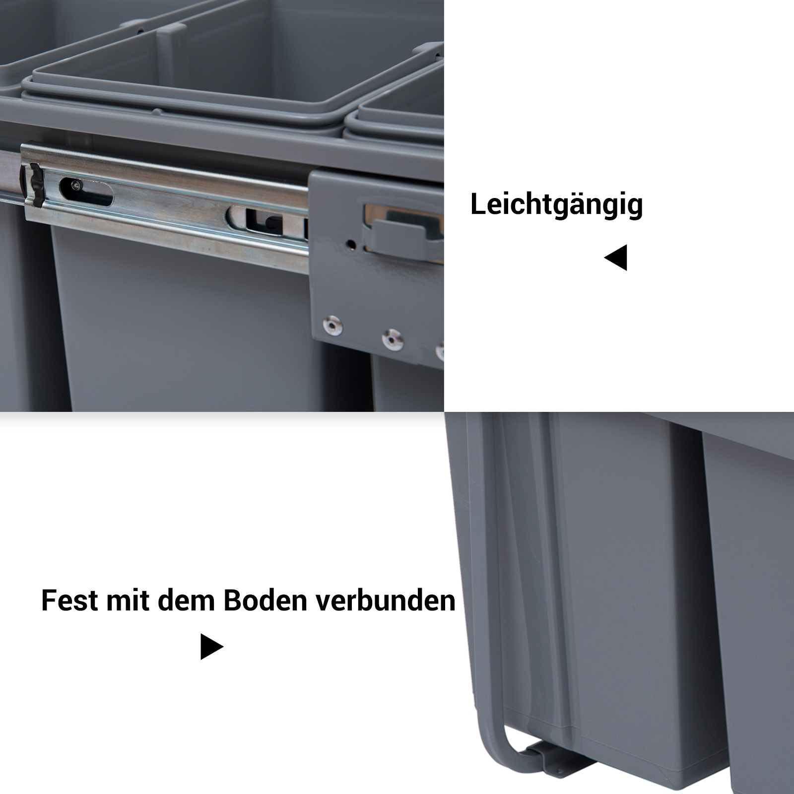 Prügikasti konstruktsioon 3 prügisorteerimiskastiga, siinisüsteem, sisseehitatud, 3-osaline prügikastide komplekt, hall