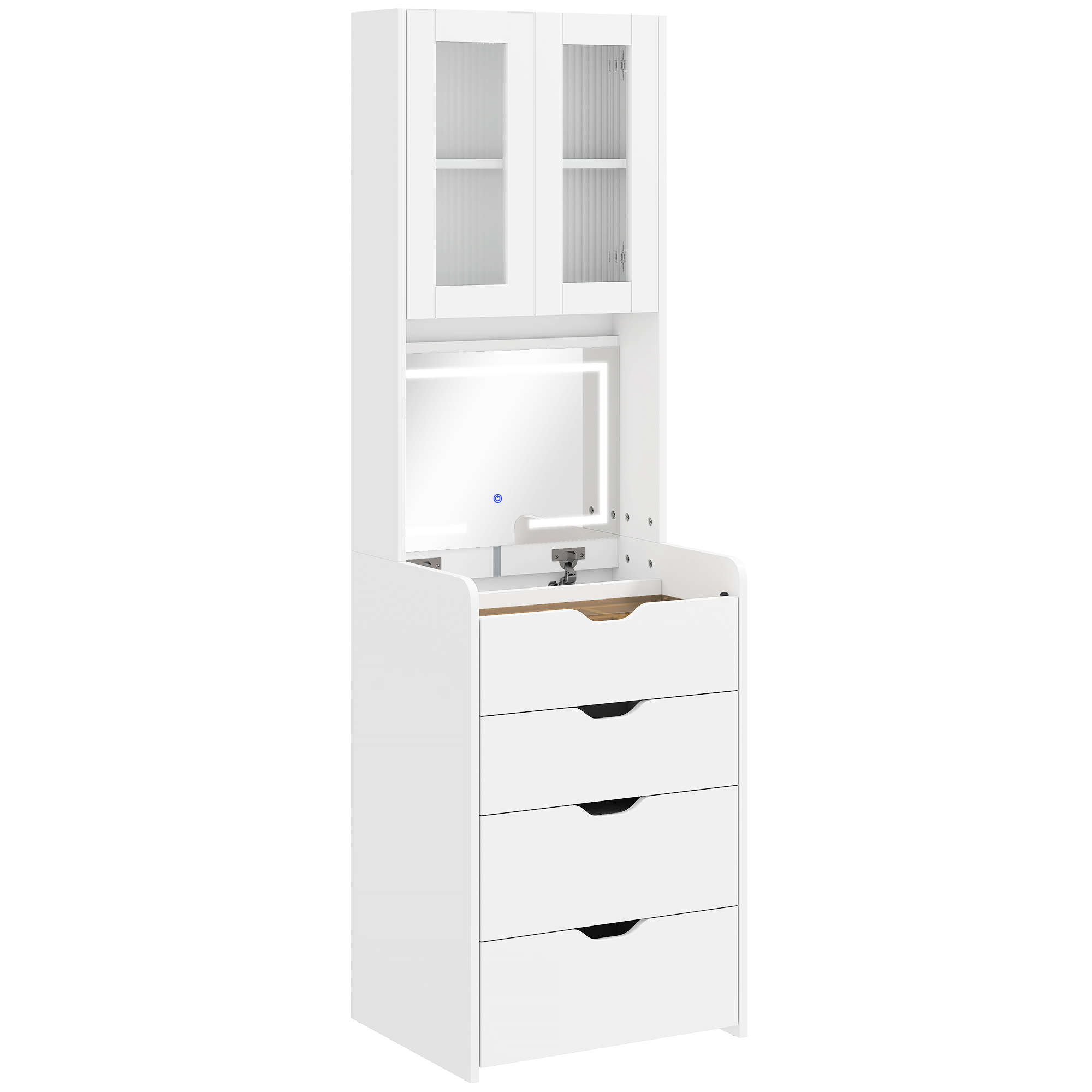 HOMCOM Tocador de Maquillaje con luces LED de 3 Colores Espejo Abatible y Taburete Acolchado 3 Cajones y Estantes Blanco