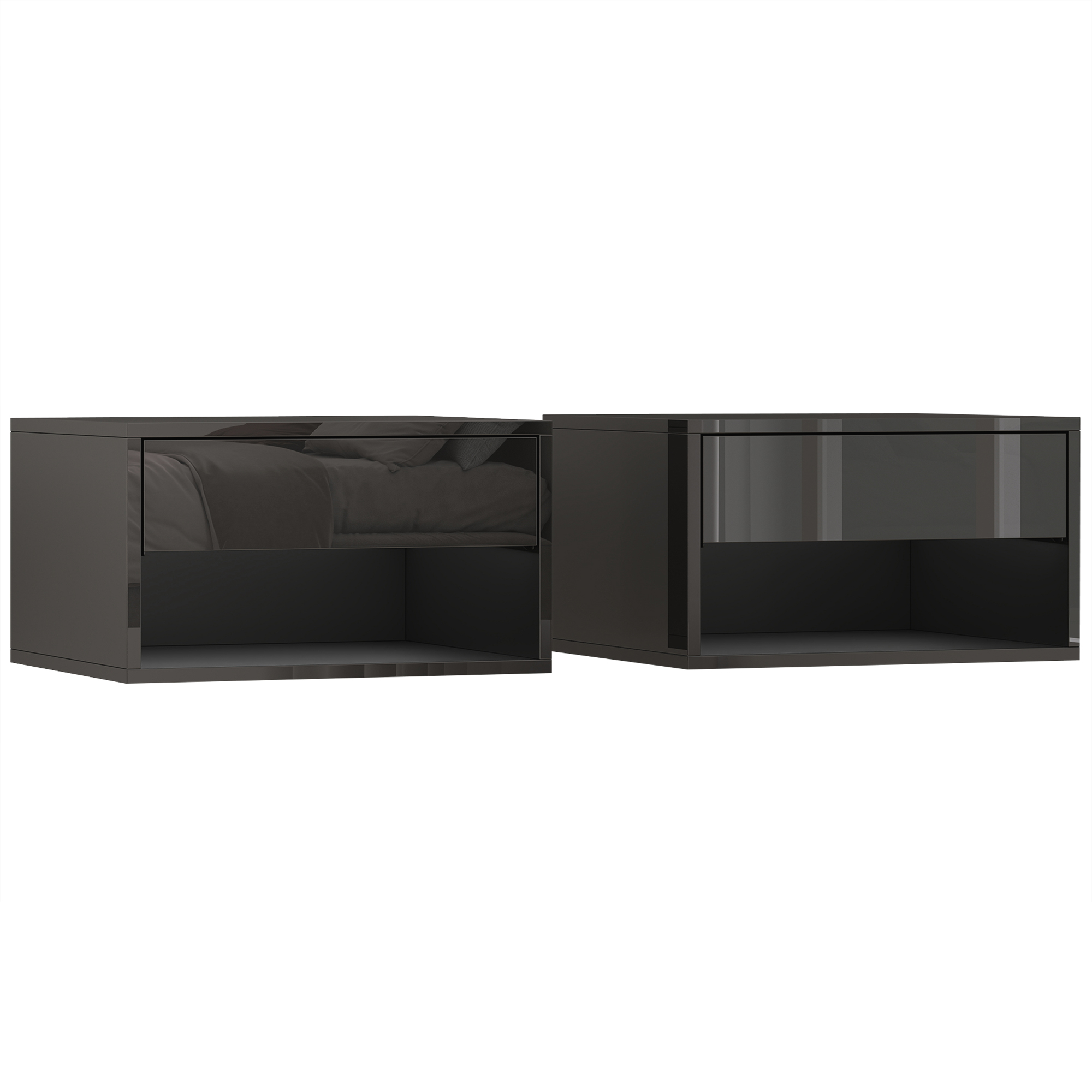 HOMCOM Juego de 2 Mesitas de Noche Flotantes Mesillas de Noche con Cajón para Dormitorio 37x32x21 cm Negro Brillo