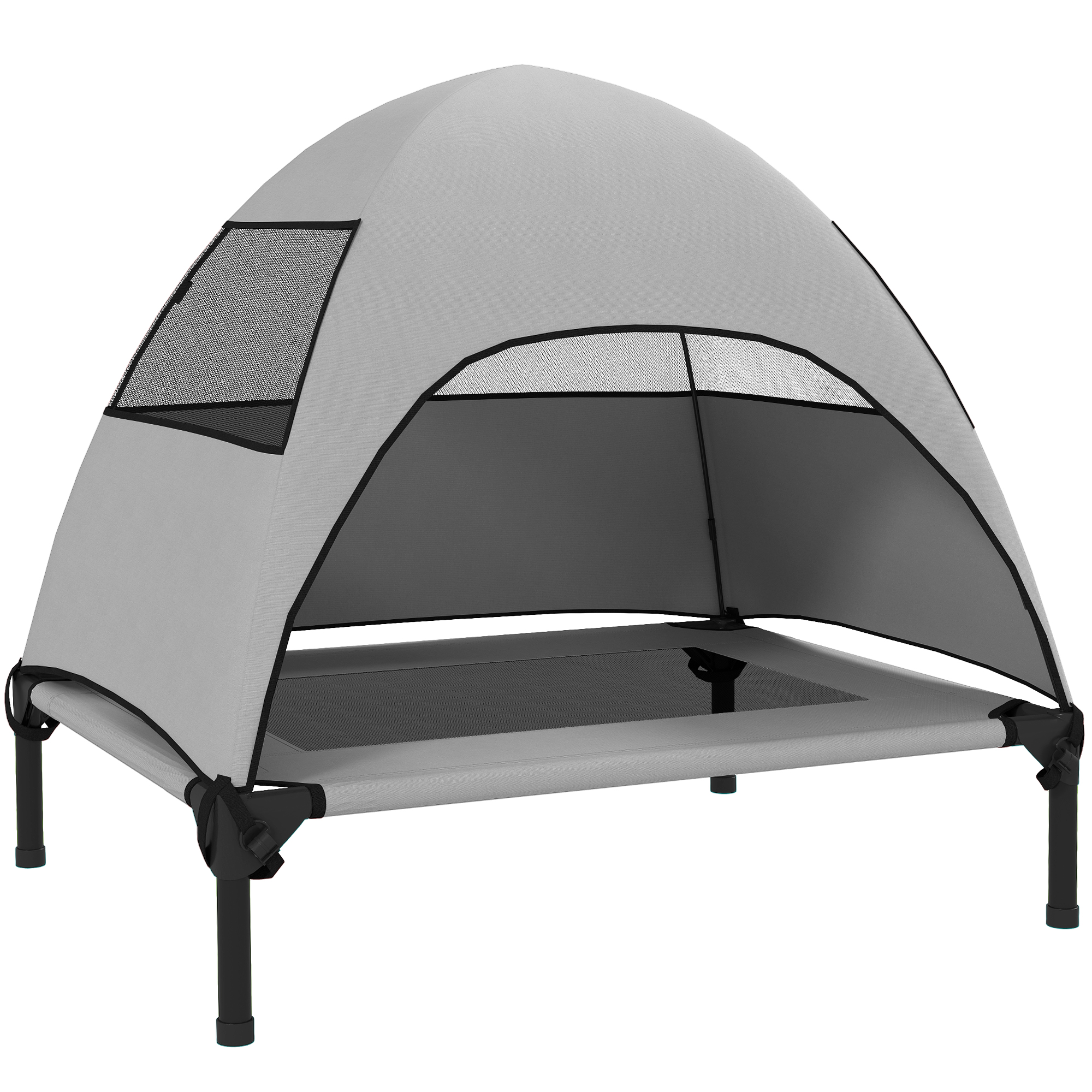 PawHut Hundeliege Outdoor mit Dach, Erhöhtes Hundebett für Mittelgroße Hunde, Kühlendes Haustierliege mit Waschbares Mesh Metallrahmen Tragtasche, Haustierbett für Draußen Camping 76x61x71cm, Hellgrau   Aosom