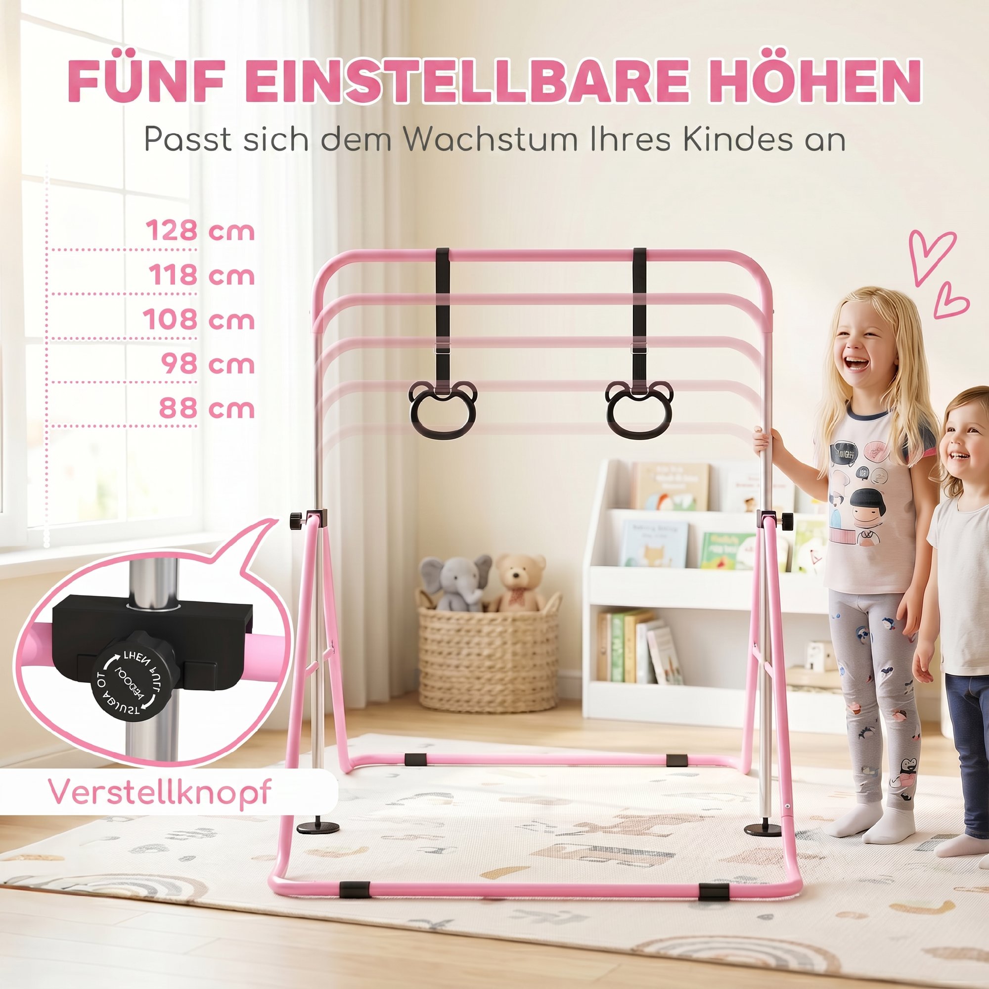 Laste rööbaspuud rõngastega, kõrgusega reguleeritavad, kokkupandavad, libisemiskindlad, terasraam, 148x105x88-128 cm, roosa