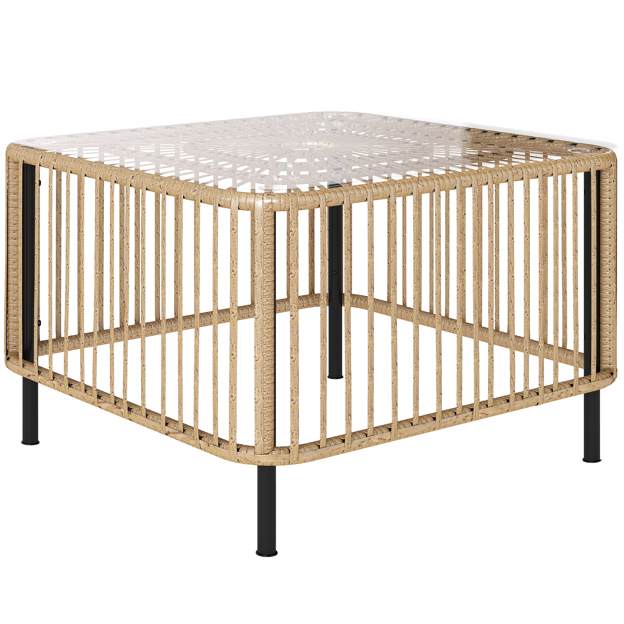 Outsunny Polyrattan Gartentisch, 65 x 65 x 43 cm, wetterfest Beistelltisch quadrarischer Terrassentisch mit Glasplatte Couchtisch Balkontisch Gartenmöbel für Garten, Terrasse, Balkon Naturholz Aosom