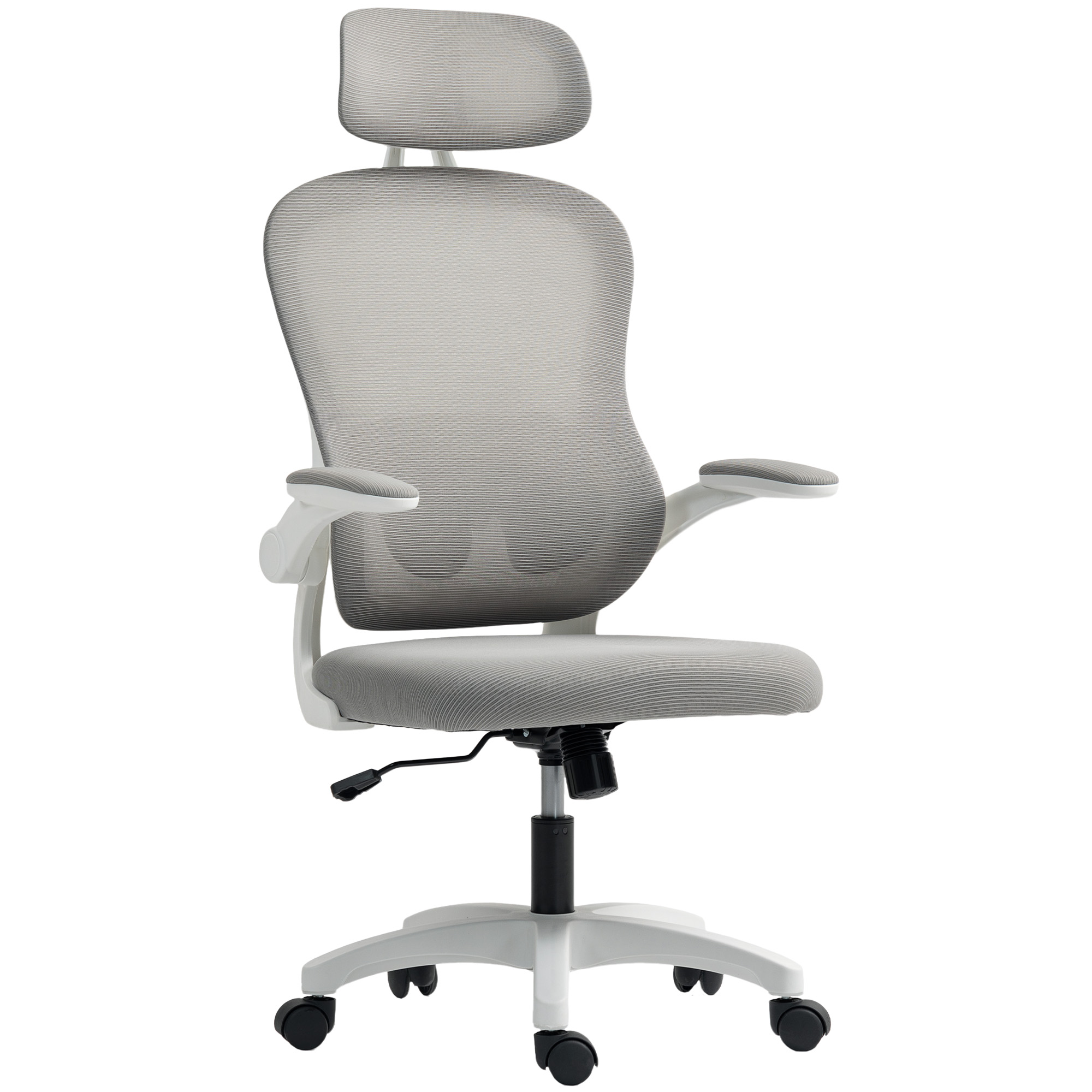 HOMCOM Bürostuhl Ergonomischer Schreibtischstuhl mit Hochklappbaren Armlehnen, Verstellbarer Lendenwirbelstütze und Kopfteil, Höhenverstellbarer Drehstuhl mit Wippfunktion, Netzbespannung Grau Aosom