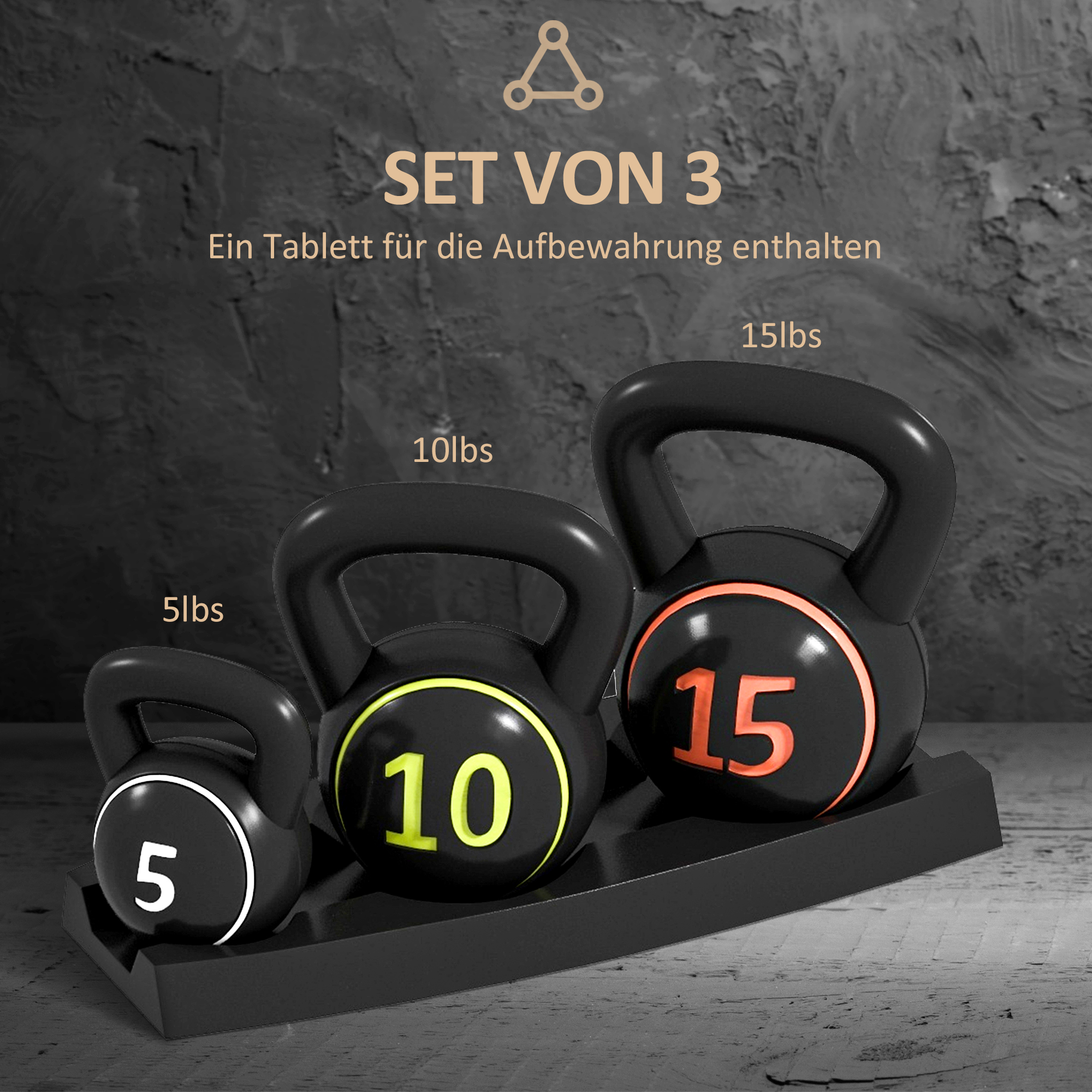 Kettlebelli komplekt, 3 sangpommi 2,2 kg/4,5 kg/6,8 kg, plastkorpus, must