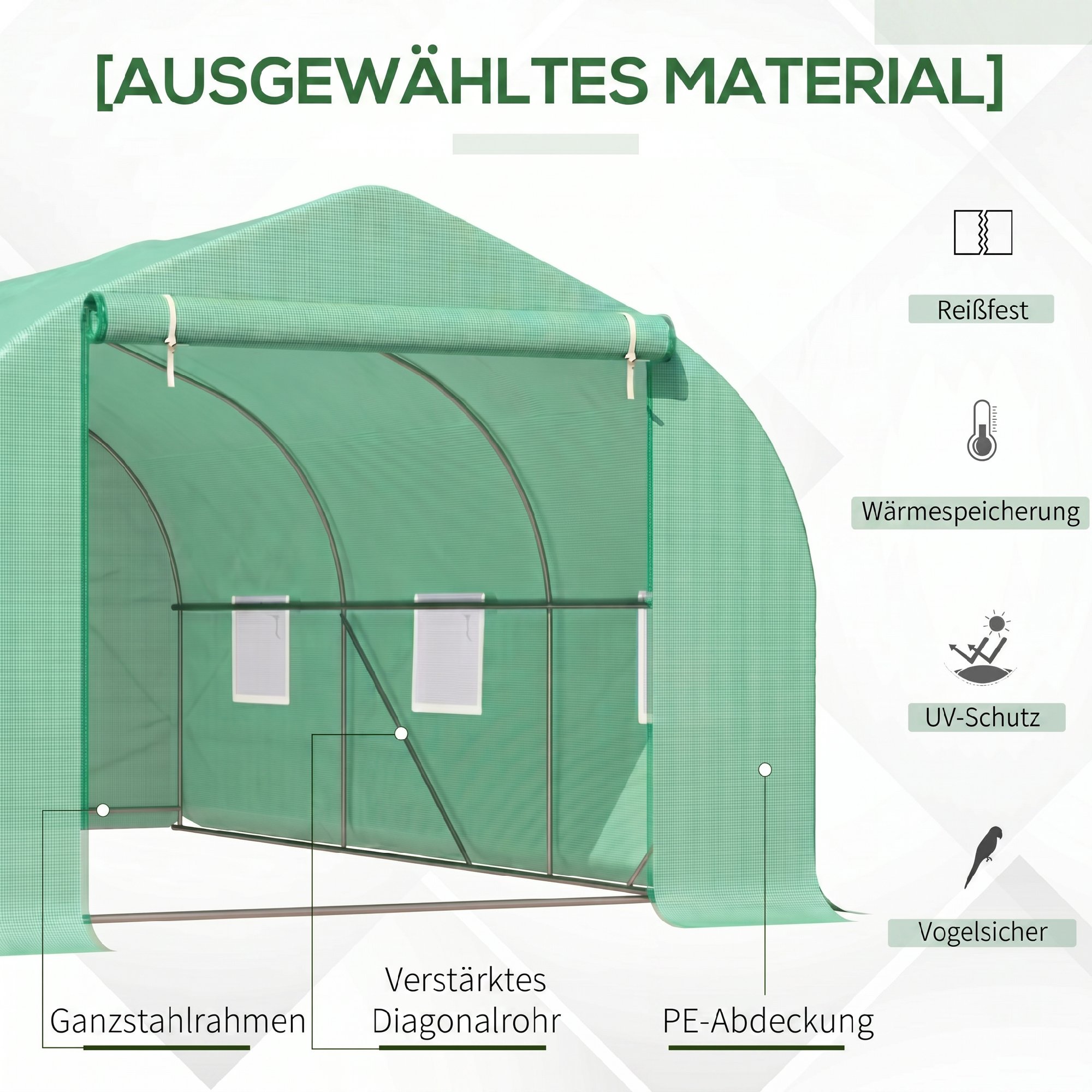 Kasvuhoone 4,5 x 3 x 2 m, fooliumist kasvuhoone rulluksega, lukuga uks, 6 võrgust akent, tugipostid