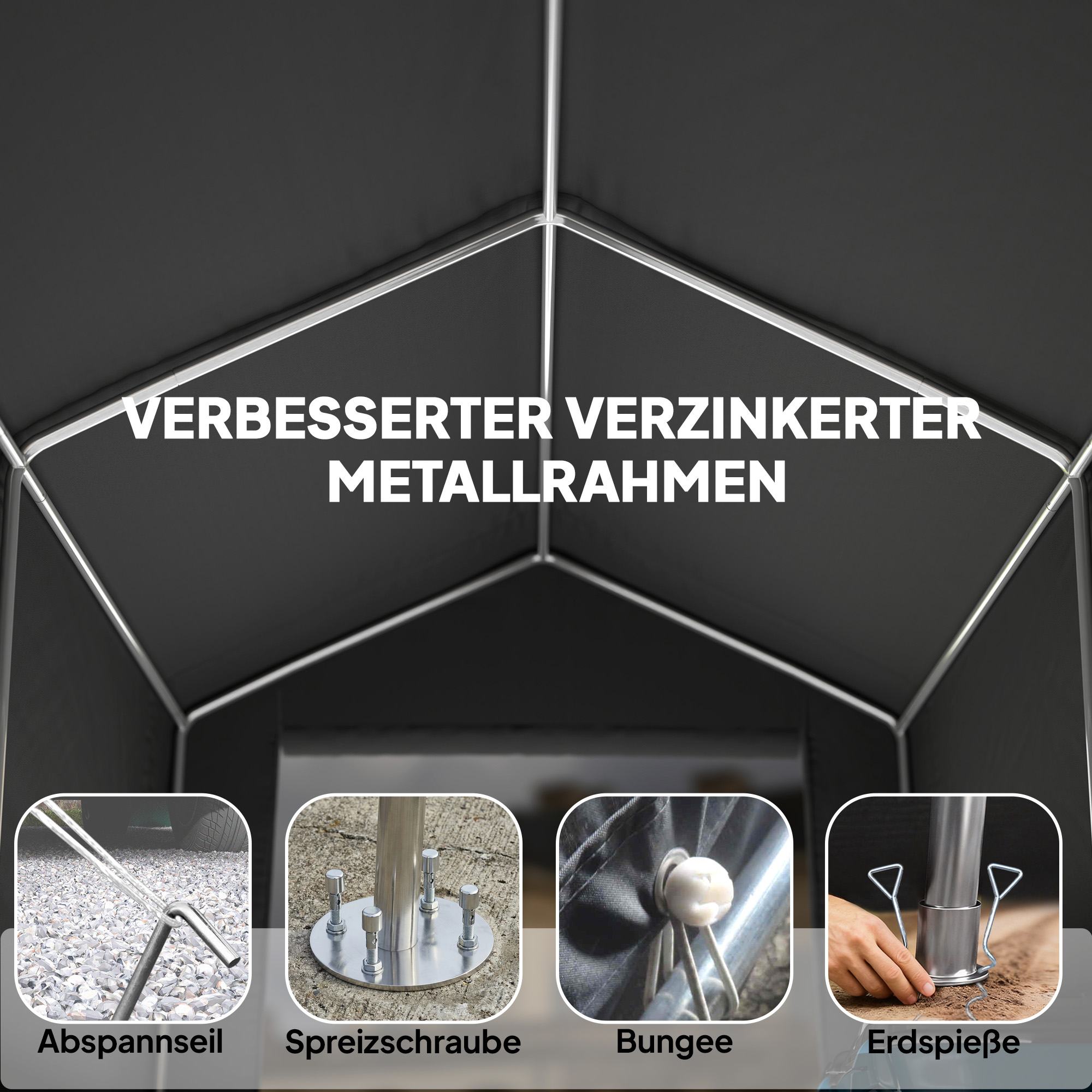 Garaažitelk 2,3 x 1,9 m, vetthülgav varustustelk rullkangiga, lukuga uks, ventilatsioon, viilkatus, tumehall