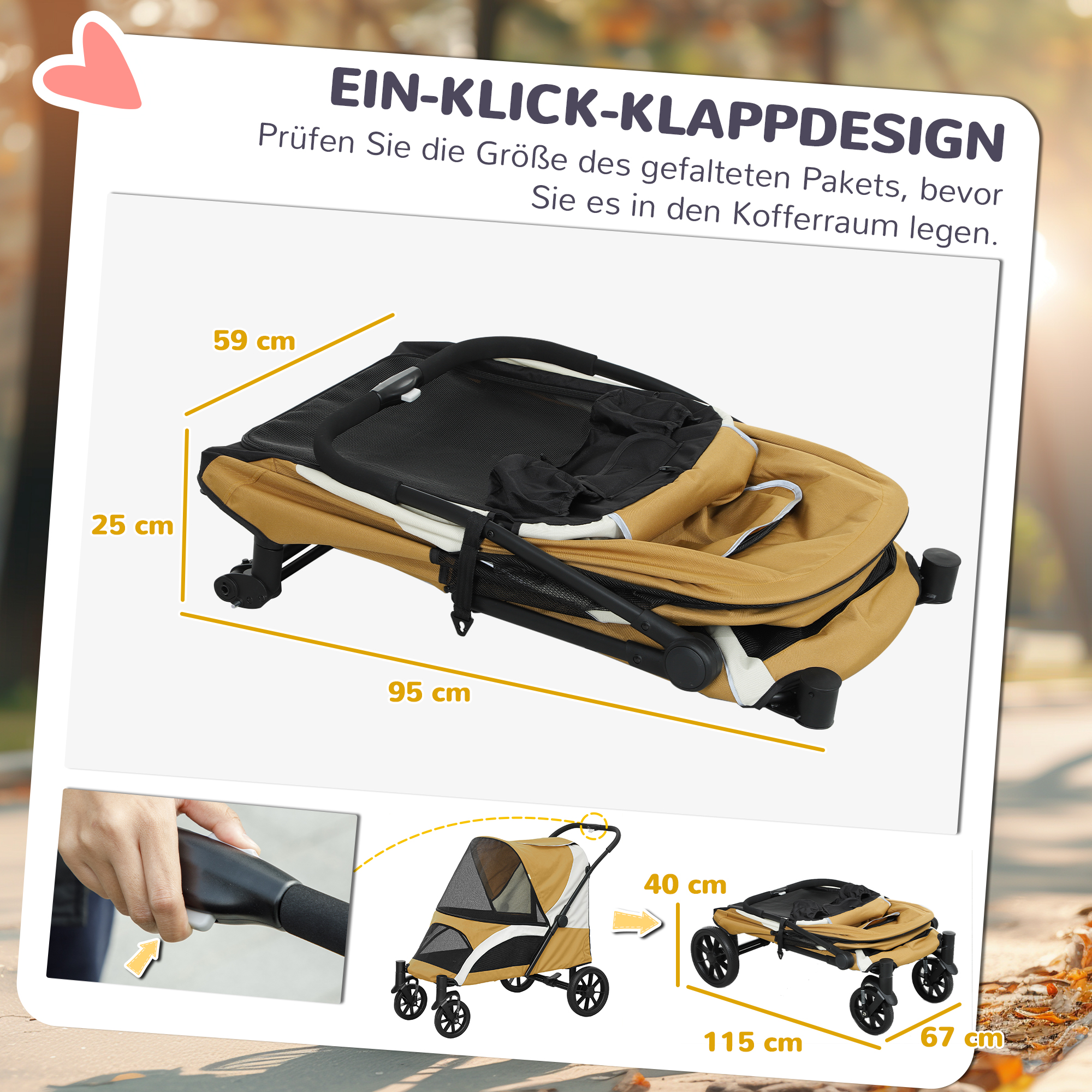 Koerakäru, kokkupandav koerakäru keskmise suurusega koertele, lemmikloomakäru 4 rattaga, turvarihmad, pidurid, pruun