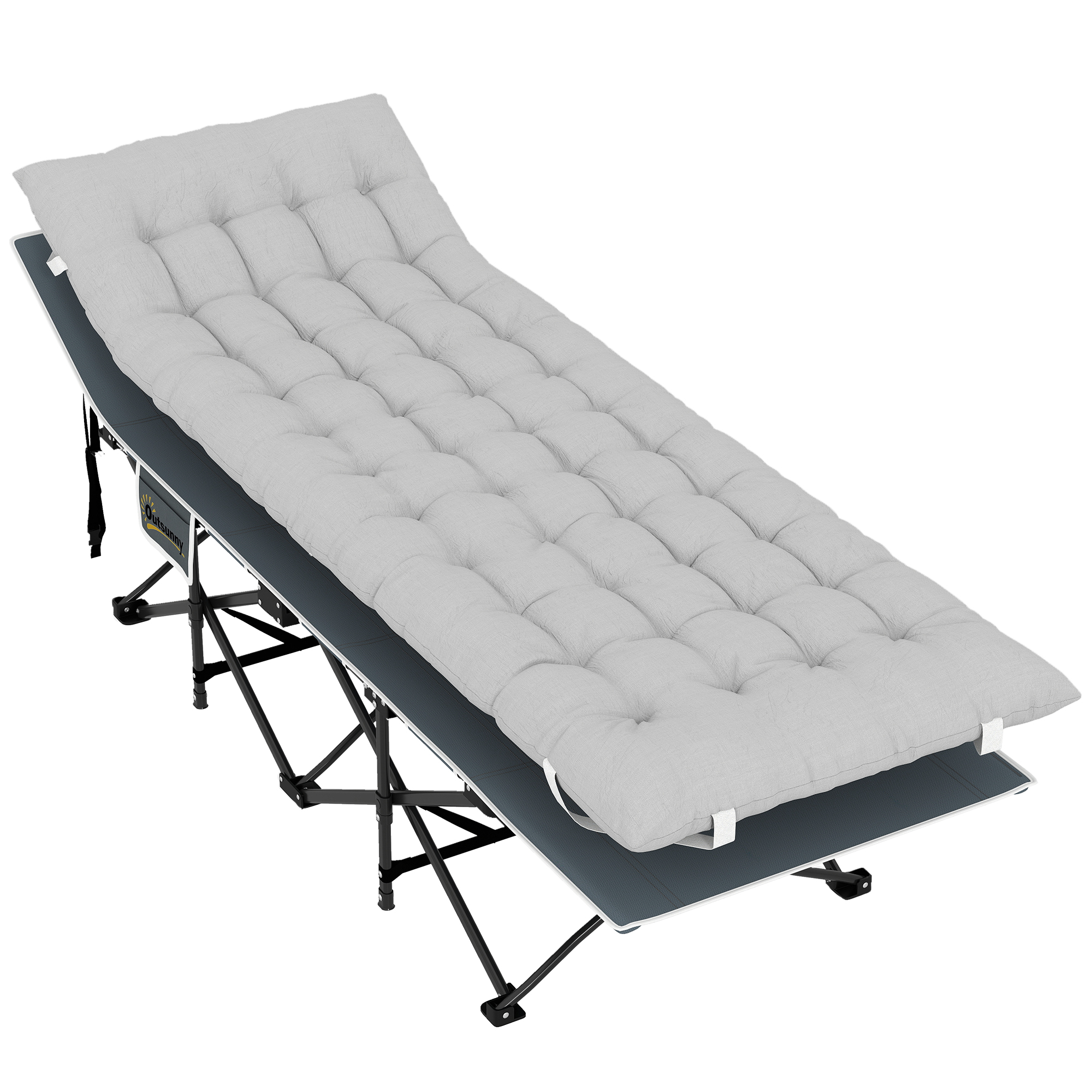 Outsunny Feldbett faltbar Campingbett mit Matratze Kopfkissen Seitentasche 190 x 65 x 37 cm Campingliege für Erwachsene Gästebett bis 150 kg Klappbett für Outdoor, Garten Camping Reisen Hellgrau Aosom