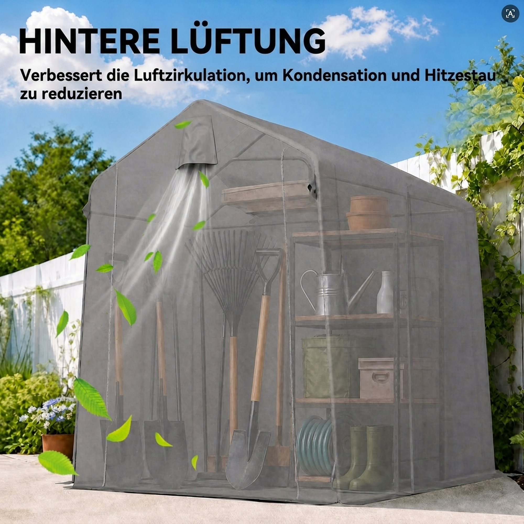 Garaažitelk 2,3 x 1,9 m, vetthülgav varustustelk rullkangiga, lukuga uks, ventilatsioon, viilkatus, tumehall