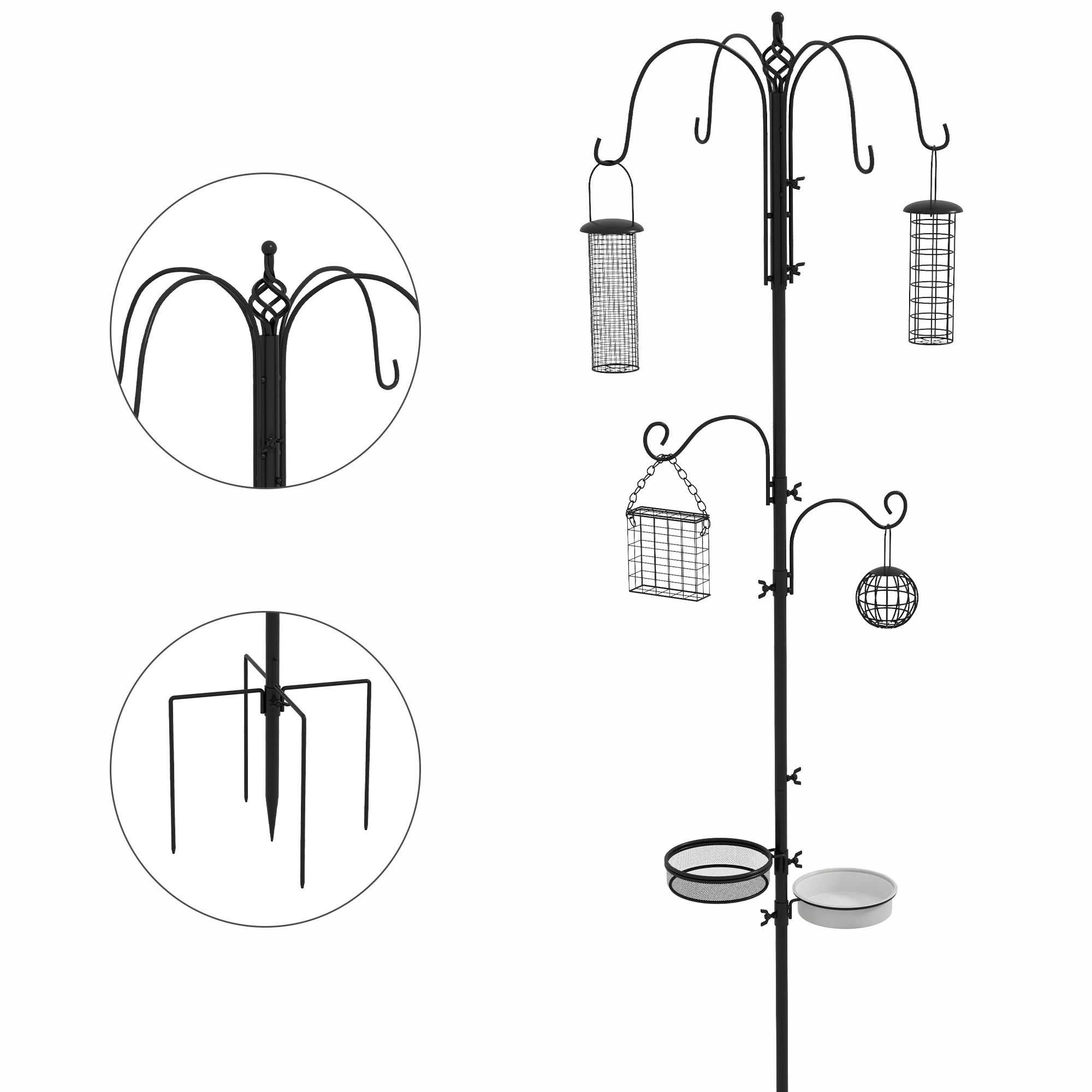 PawHut Vogel Futterstation 226 cm Vogelfutterstation mit 6 Haken, 4 hängenden Futterspendern Erdspieß, Freistehend Vogelfutterspender für Garten Wildvögel Stahl Schwarz   Aosom