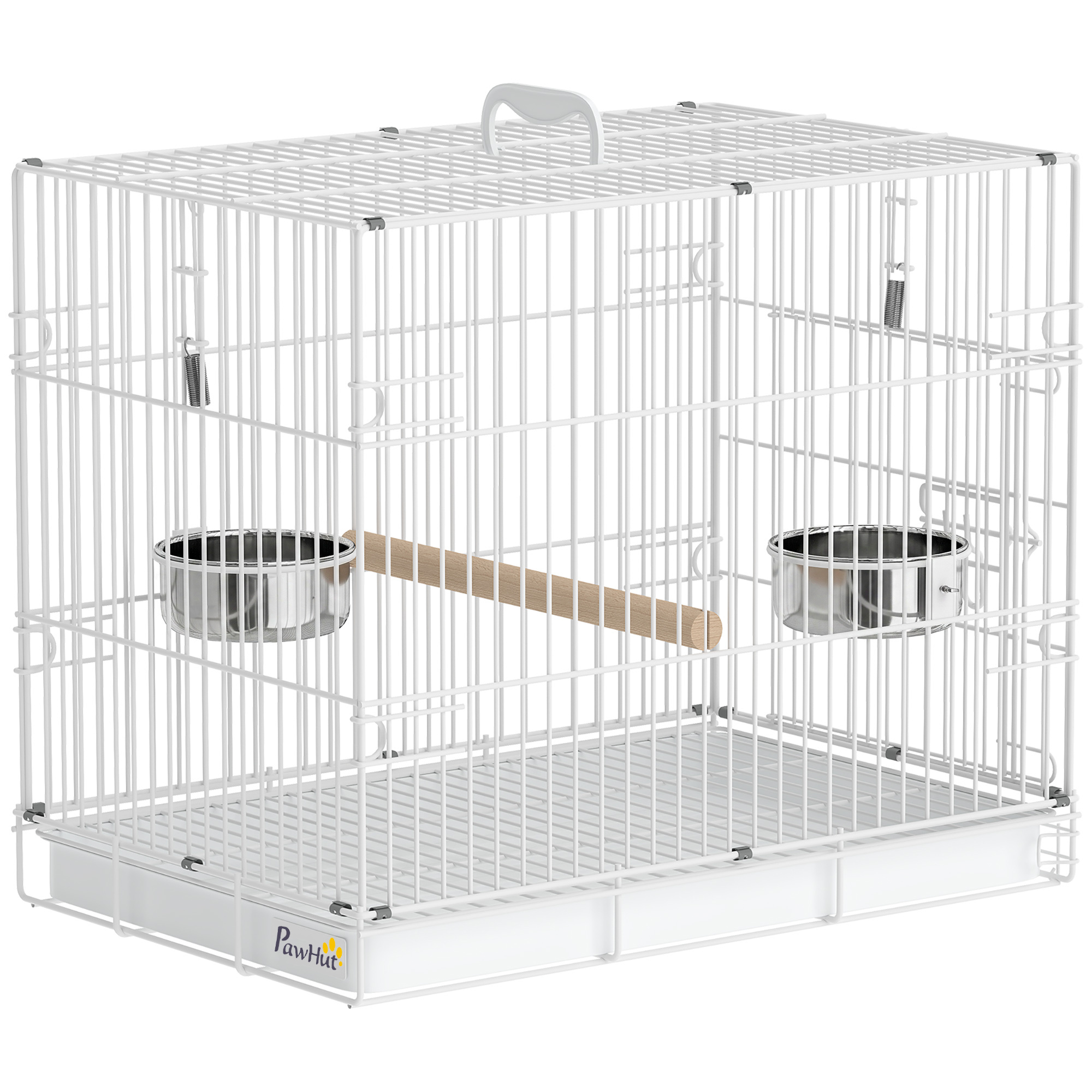 PawHut Vogelkäfig Klappbar Vogelhaus mit Holzsitzstange, 2 Futterschalen und Tragegrif Vogelvoliere aus Stahl mit herausziehbarer Tablett für Wellensittiche, Nymphensittiche Weiß 49 x 31 x 40 cm Aosom
