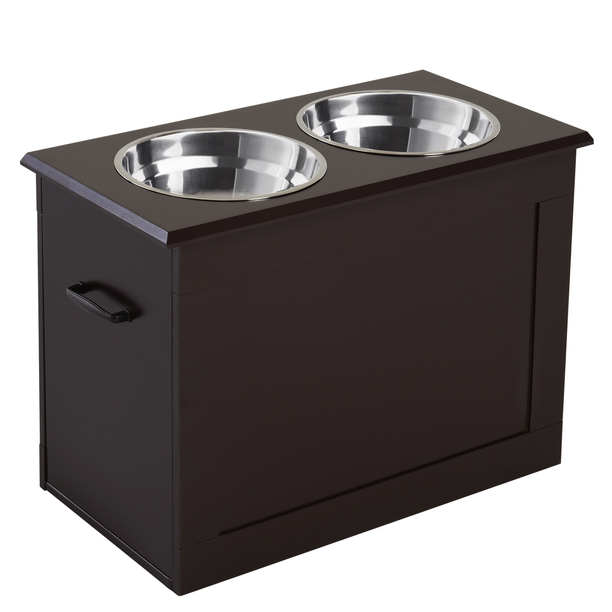 PawHut Hunde Fressnapf mit Staumraum 2 Näpfen Futterstation Edelstahlnapf Katzenapf MDF Edelstahl Espresso 60 x 30 x 41 cm   Aosom