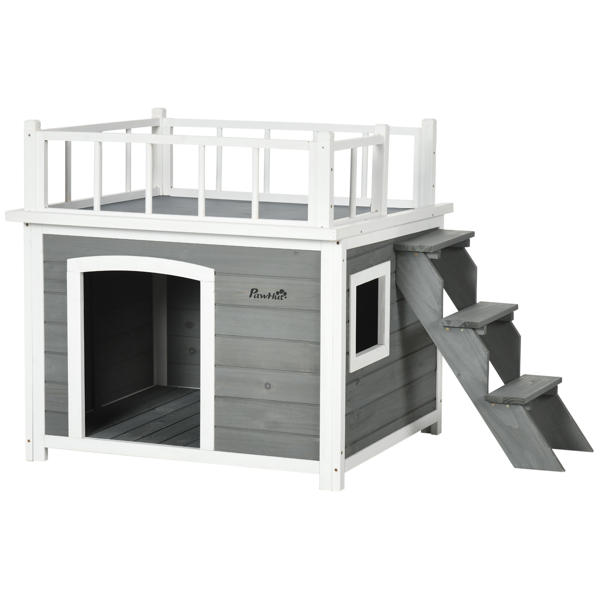 PawHut Hundehütte Hundehaus mit Balkon und Treppe, erhöhtes Kleintierhaus mit Fenster für mittelgroße & große Hunde aus Tannenholz   Aosom.de