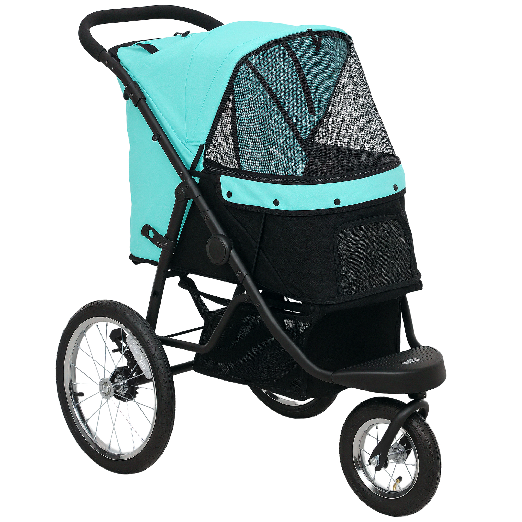 PawHut Hundewagen Jogger Hundebuggy klappbar für kleine Hunde & Katzen bis 10 kg Katzenbuggy mit 3 große Gummiräder, Kissen Netzfenstern Aufbewahrungskorb Katzenwagen mit Sicherheitsleinen, Türkis Aosom