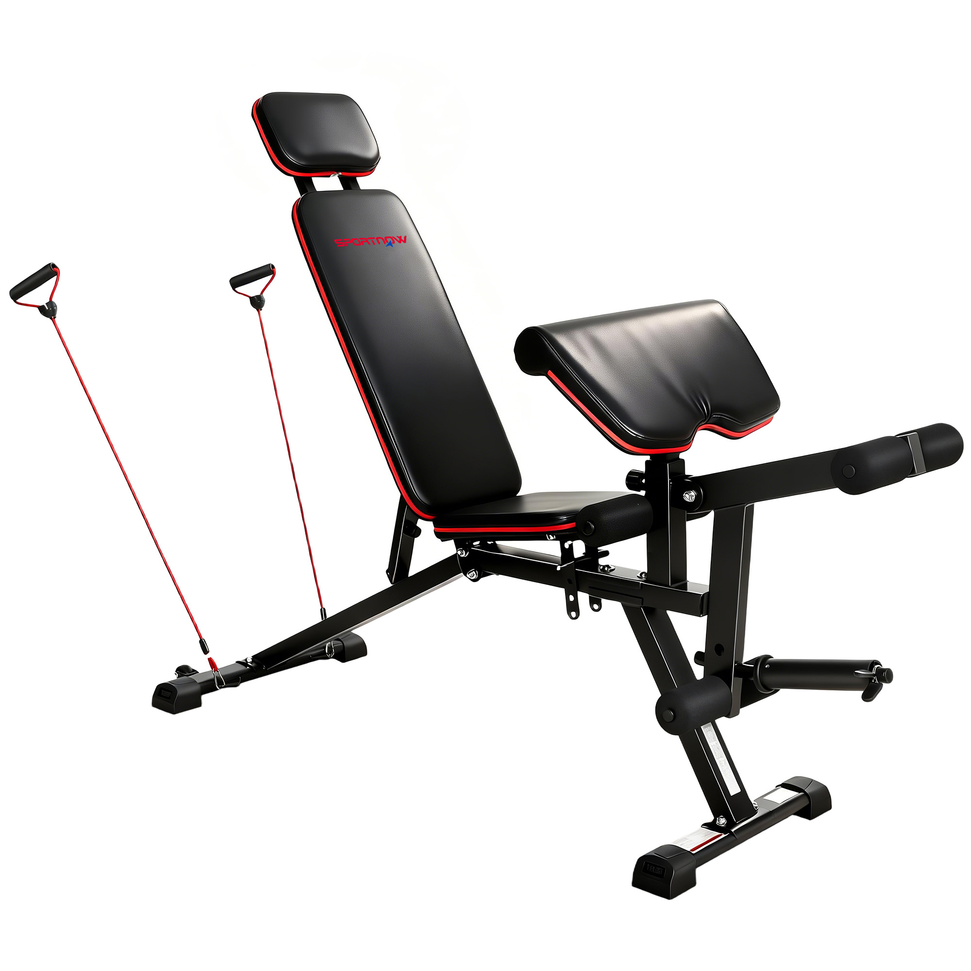 SPORTNOW Hantelbank verstellbar bis 300 kg 3 in 1 Trainingsbank mit Rollen Beinstrecker Curlpult langer Kopfstütze Schrägbank mit Widerstandsbändern Fitnessbank für Home Gym Zuhause Aosom