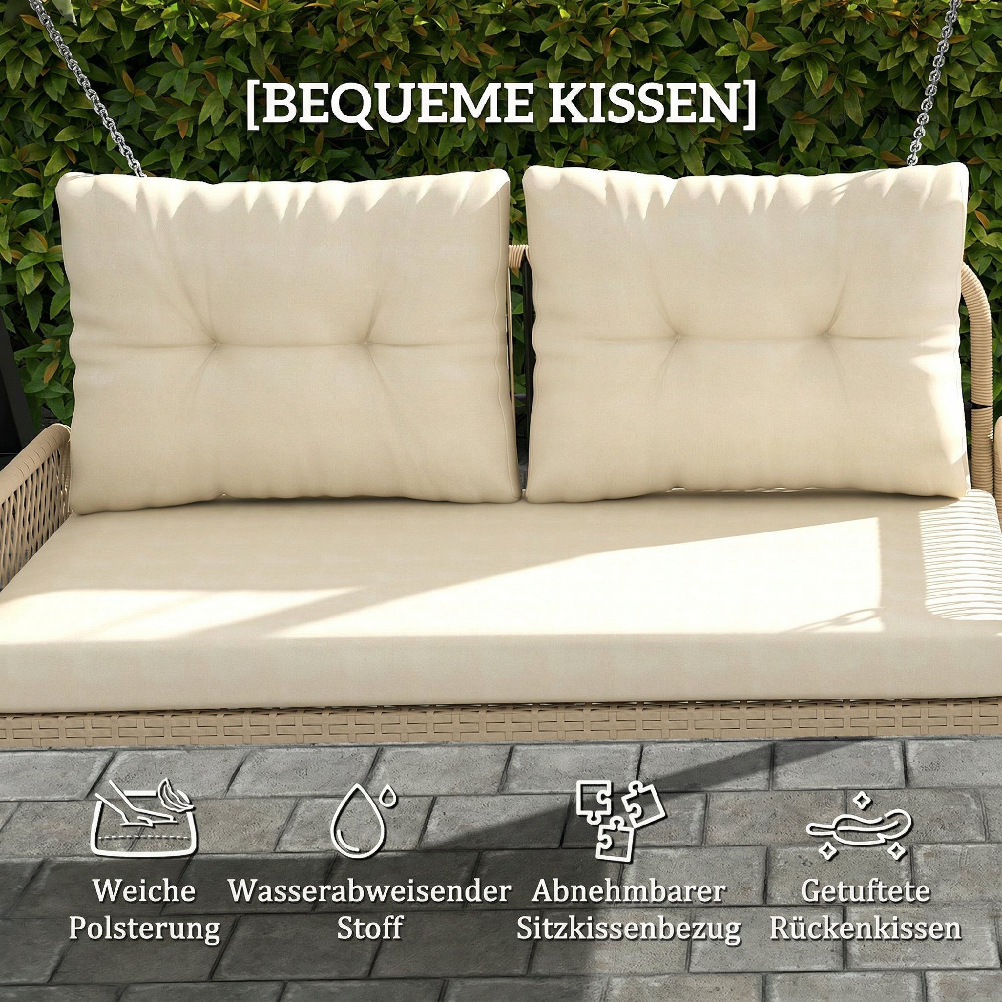 Hollywoodi kiik, kahekohaline, rotangist aiakiik patjade ja kettidega, kuni 240 kg, 115 x 66 x 44 cm, beež