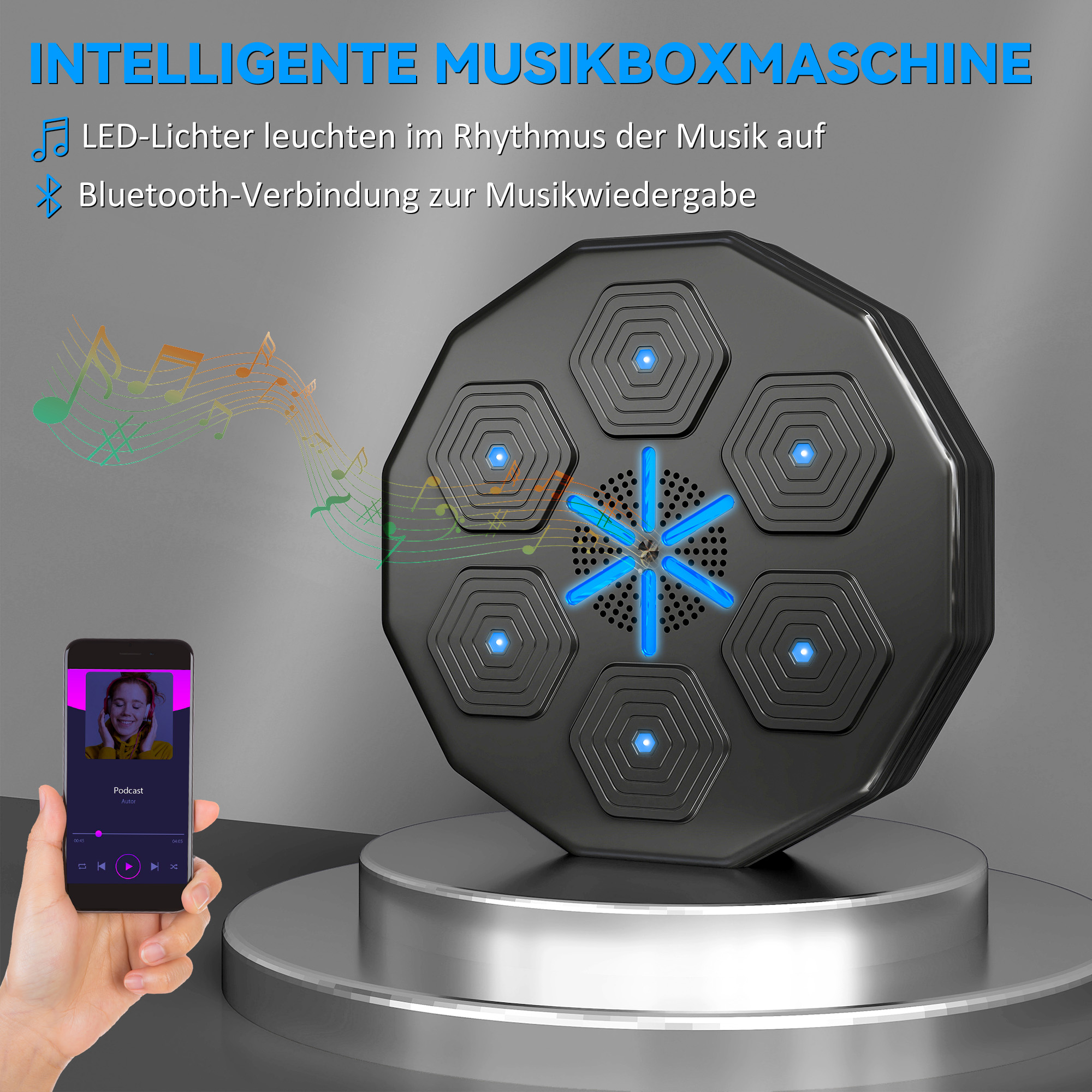 Poksitreener muusikafunktsiooniga, Bluetooth, helendavad täpid, seinale kinnitatav, kunstnahk, must