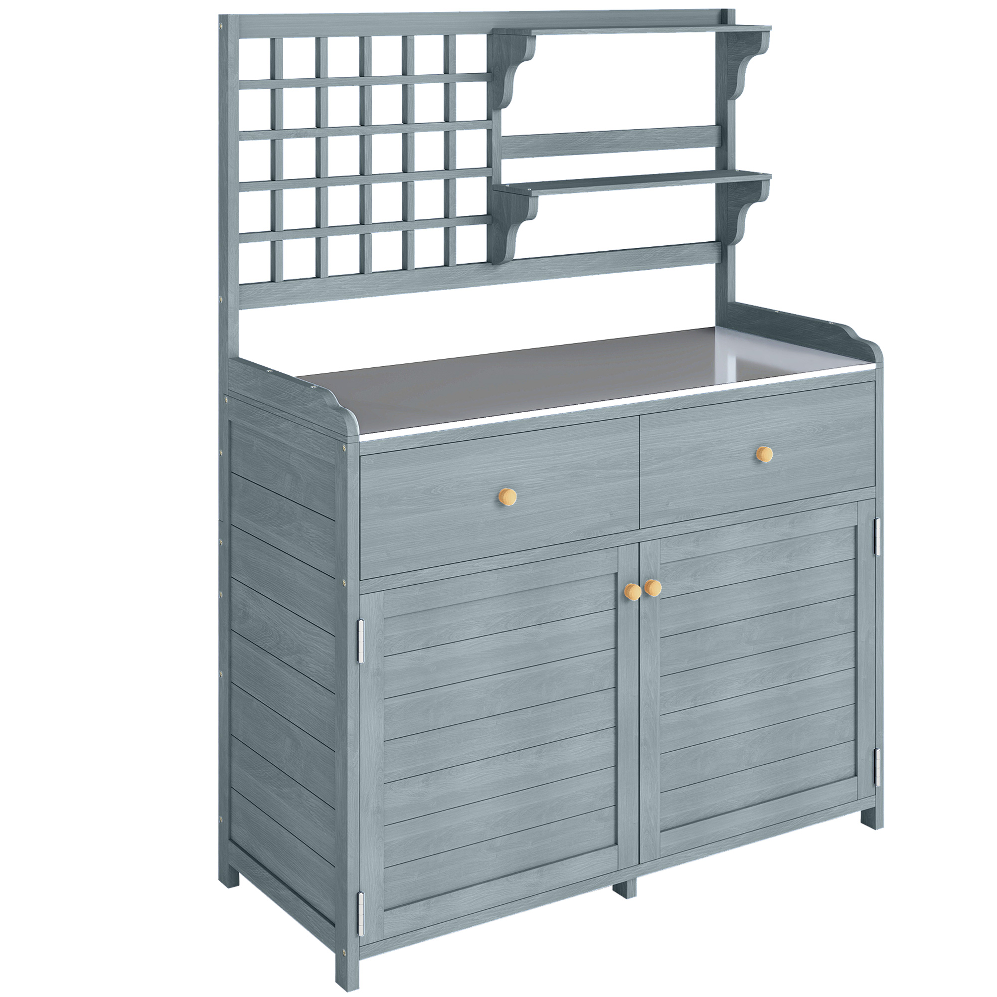 Outsunny Pflanztisch mit Unterschrank aus Holz Outdoor Gartenschrank mit verzinkter Arbeitsplatte 2 Schubladen wetterfest Gärtnertisch Geräteschrank für Garten Balkon Terrasse 104x44x140 cm Hellgrau Aosom