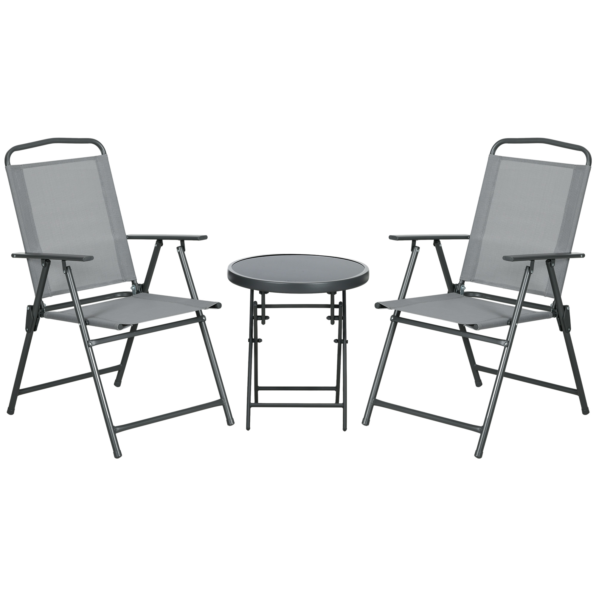 Outsunny Set de Exterior din 3 Piese cu Masă cu Blat din Sticlă și 2 Scaune Pliabile din Plasă, Ф45x50 cm, Gri Deschis | Aosom Romania