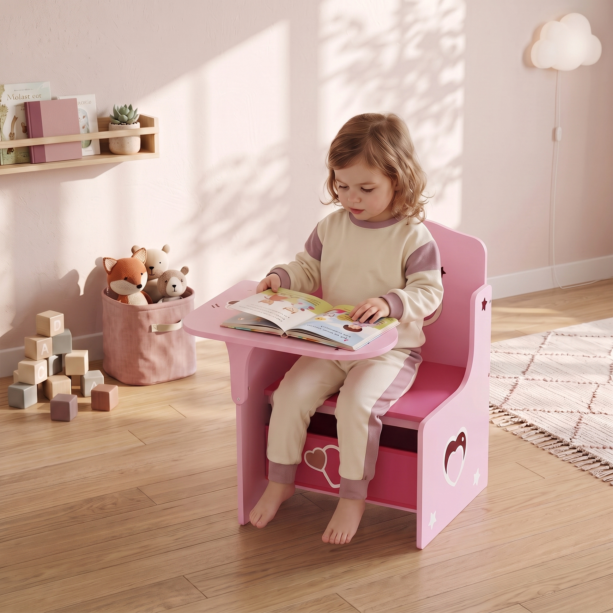 AIYAPLAY Kindertisch mit Stuhl 2-in-1 Integrierte Kindersitzgruppe mit Stauraum Platzsparend Kinder Tisch Stuhl Set zum Lesen, Malen Spielen Kindermöbel für Kinderzimmer, für Kinder 3-5 Jahren Rosa   Aosom