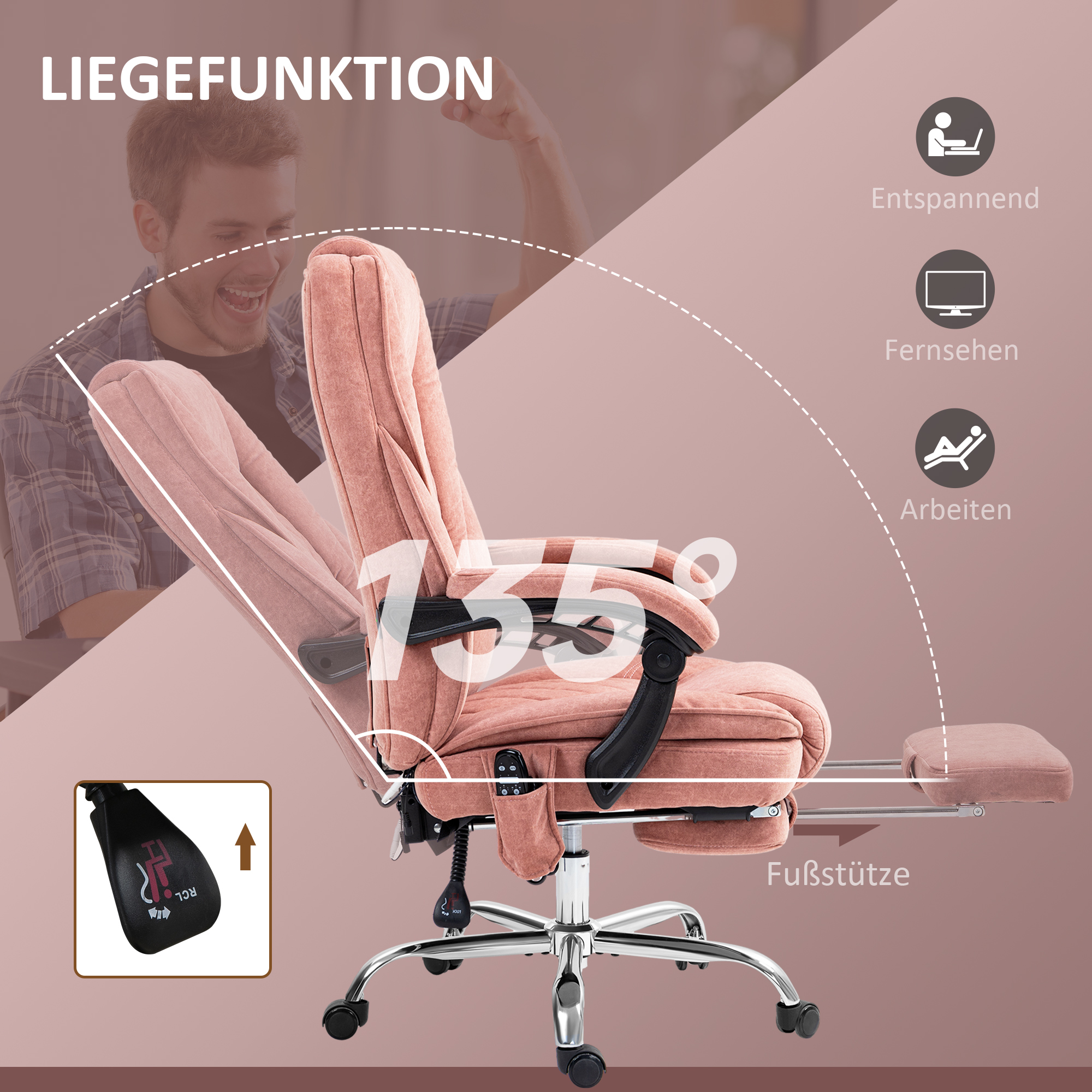 Ergonoomiline kontoritool massaažifunktsiooniga, jalatugedega, pöörlev, rattad, roosa