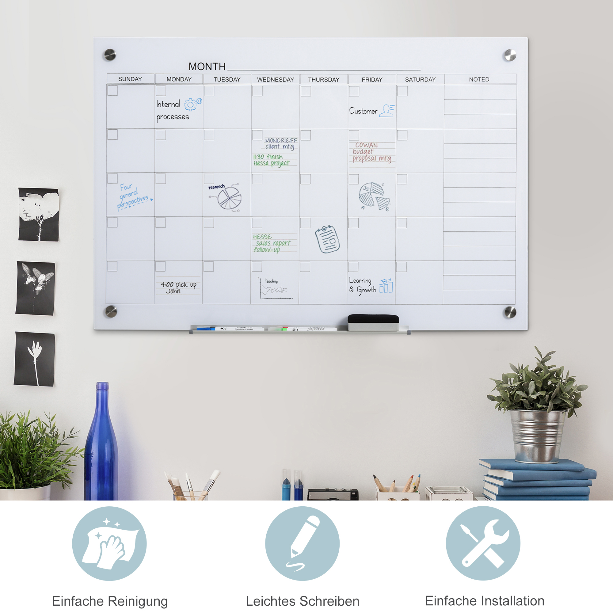 Valge tahvli kalender 90 x 60 cm seinakalender pliiatsialusega, kuivkustutatav nädalaplaneerija 4 pliiatsi, kustutuskummi ja kuukalender kontorisse, kooli kööki ja koju