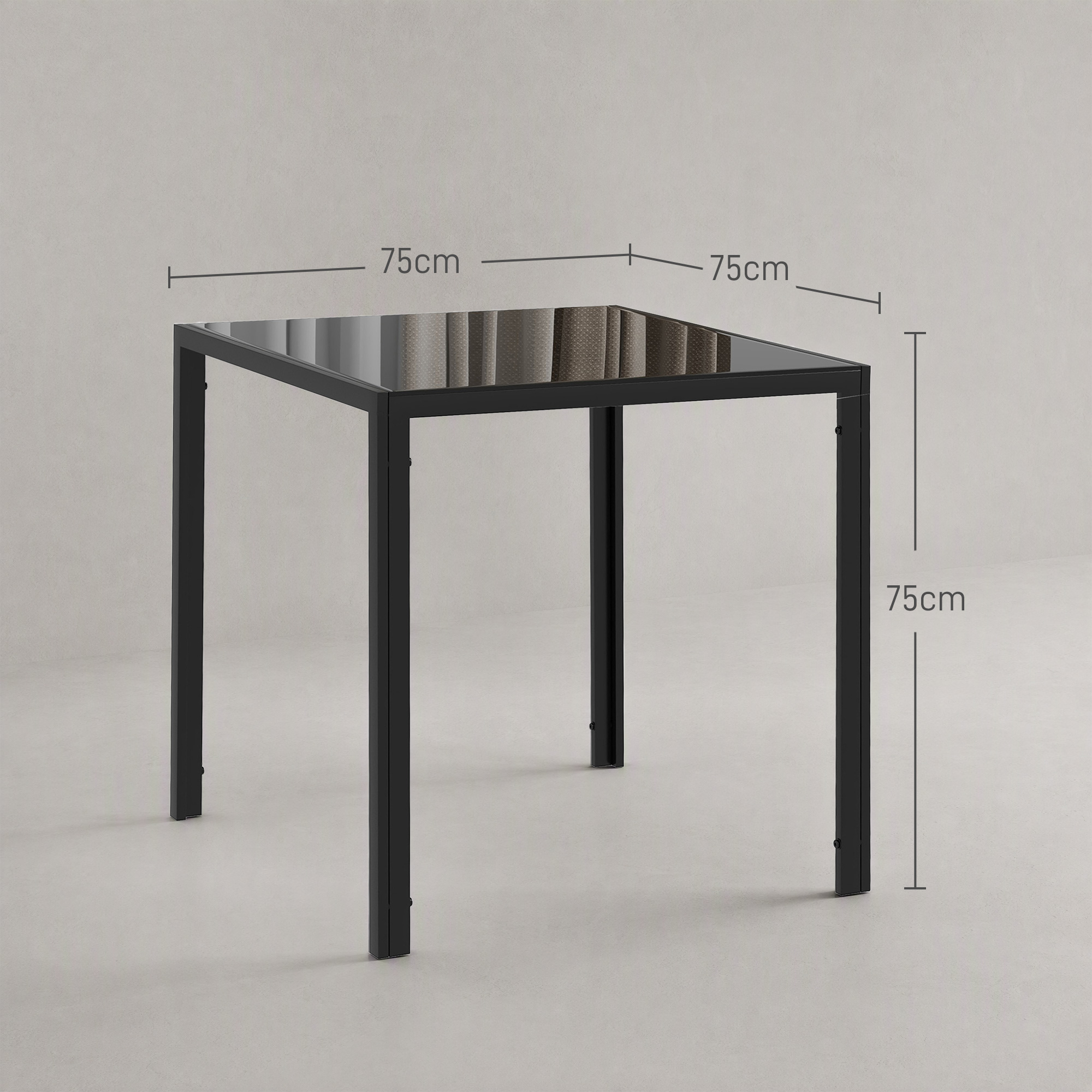 Ruudukujuline söögilaud 4 inimesele, karastatud klaasist lauaplaat, kööki ja söögituppa, 75 x 75 x 75 cm, must