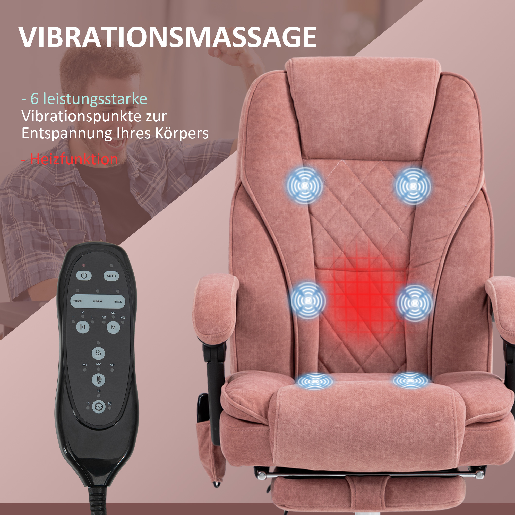 Ergonoomiline kontoritool massaažifunktsiooniga, jalatugedega, pöörlev, rattad, roosa