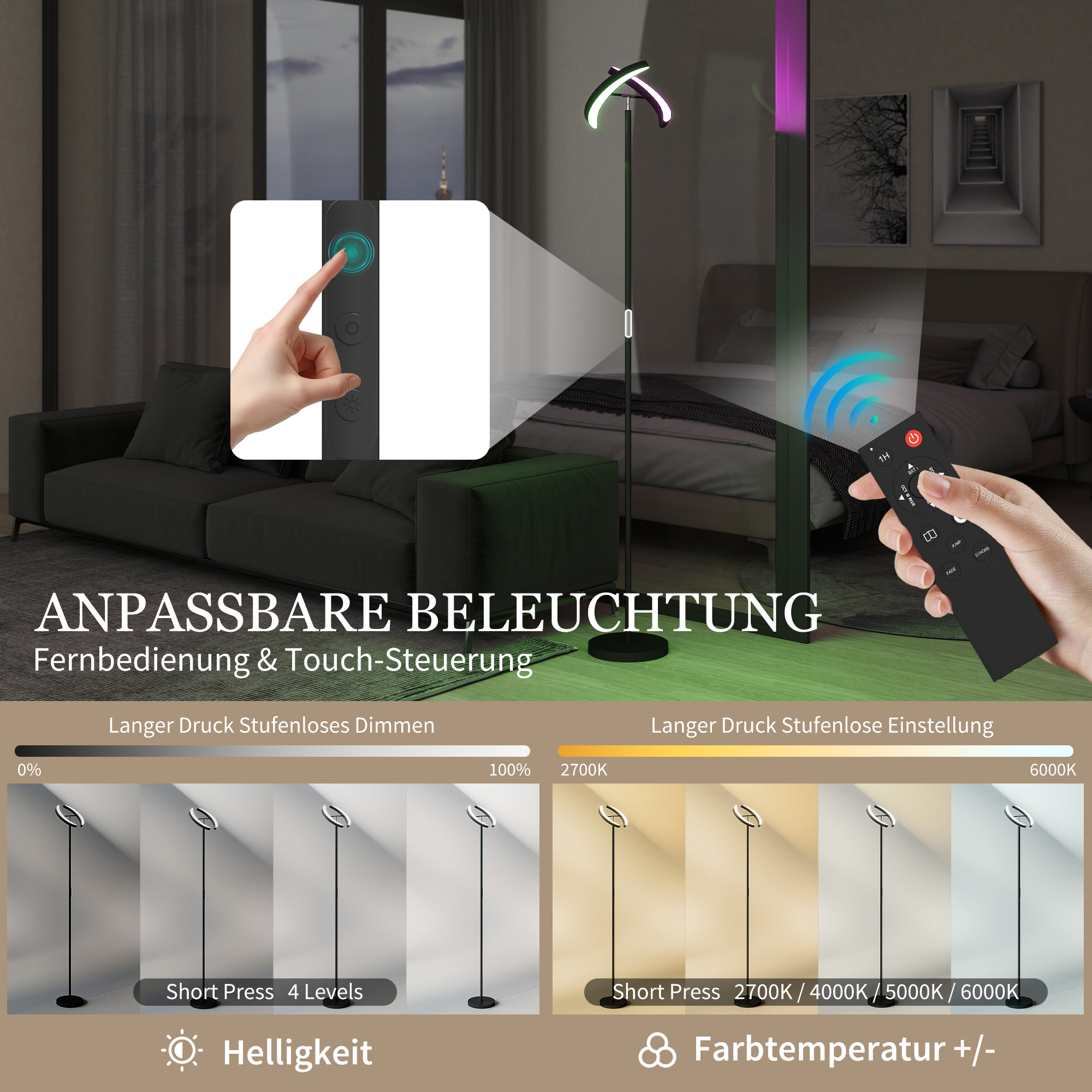 RGB põrandalamp, hämardatav lamp mitmevärviliste valgustusvõimalustega, pööratav, must