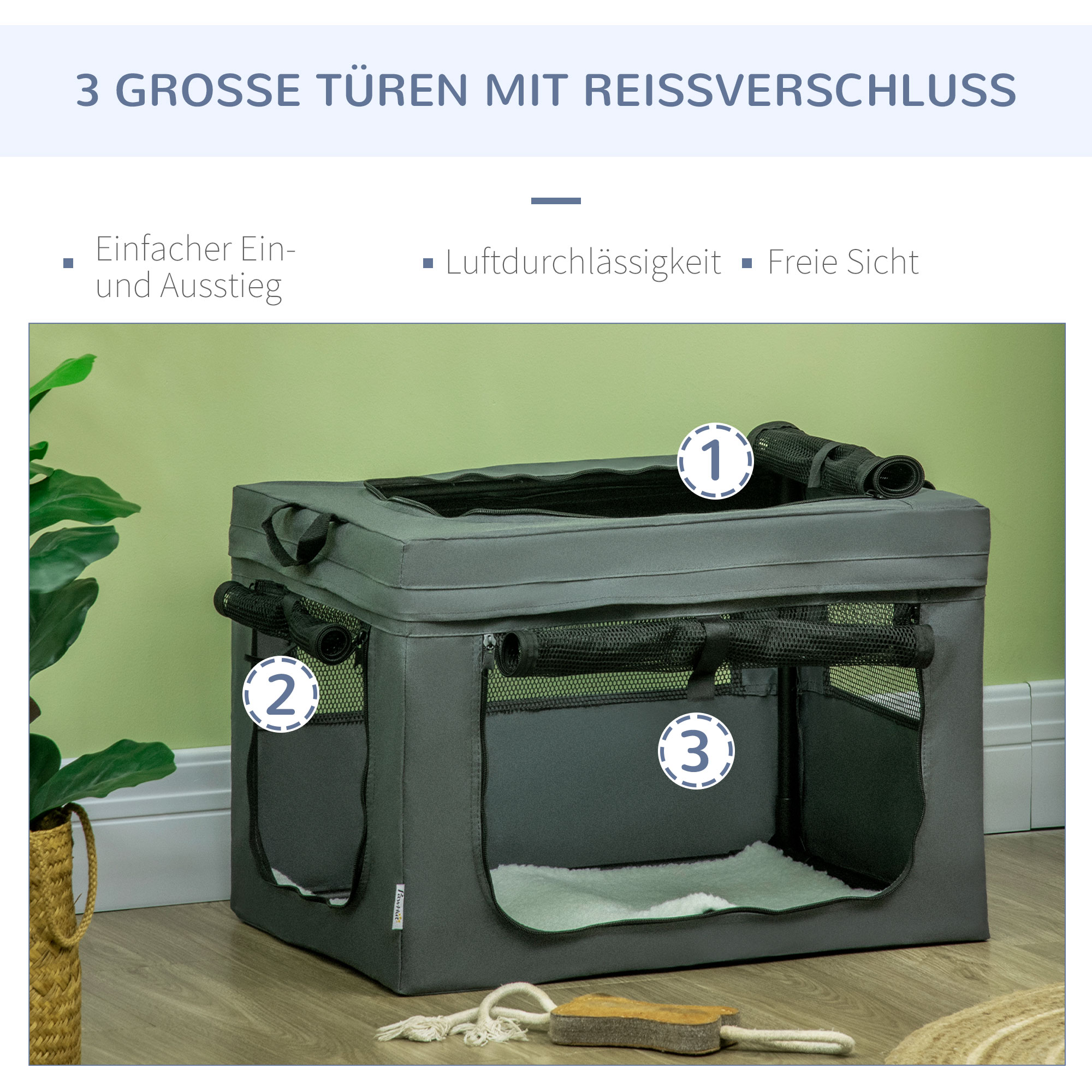 Kokkupandav transpordikast 3 sissepääsuga, sisepadjaga, koertele ja kassidele kuni 4 kg/40 cm, hall