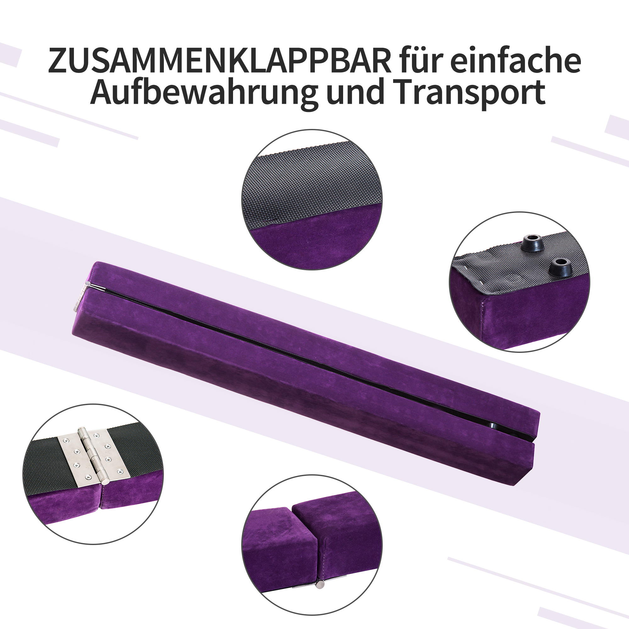 Kokkupandav tasakaalupoom, libisemiskindel, seemisnahast kate, vastupidav puit, 210 x 10 x 6,5 cm, violetne