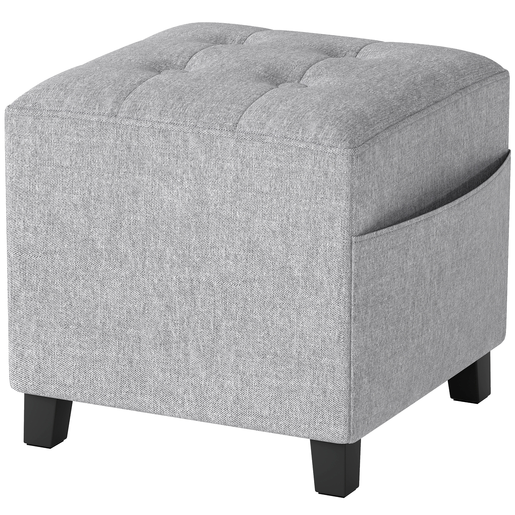 HOMCOM quadratischer Hocker mit Seitentasche, gepolstertem Sitz, Gummibaumholzbeinen, Stoff in Leinenoptik, 35 x 35 x 35 cm, Hellgrau Aosom