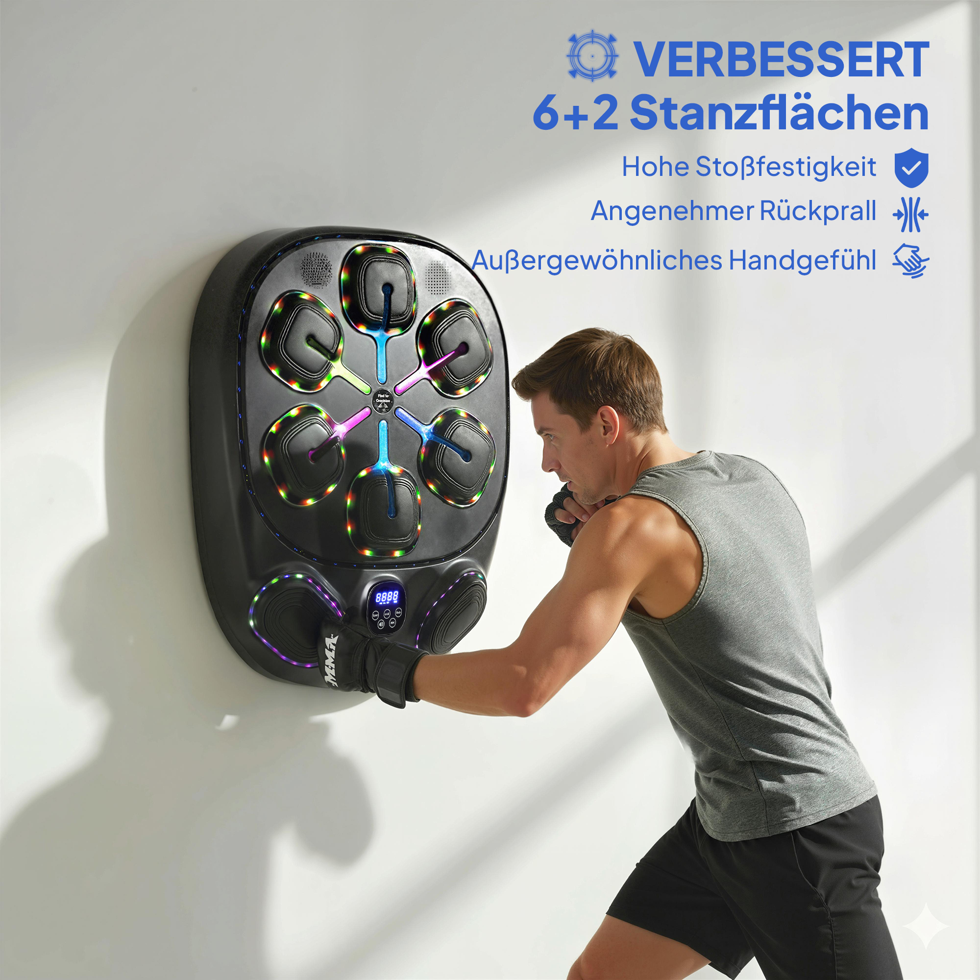 Muusikapoksimasin, elektrooniline LED-poksimasin kahe löögitsooniga, Bluetooth-kindad, 9 kiirust