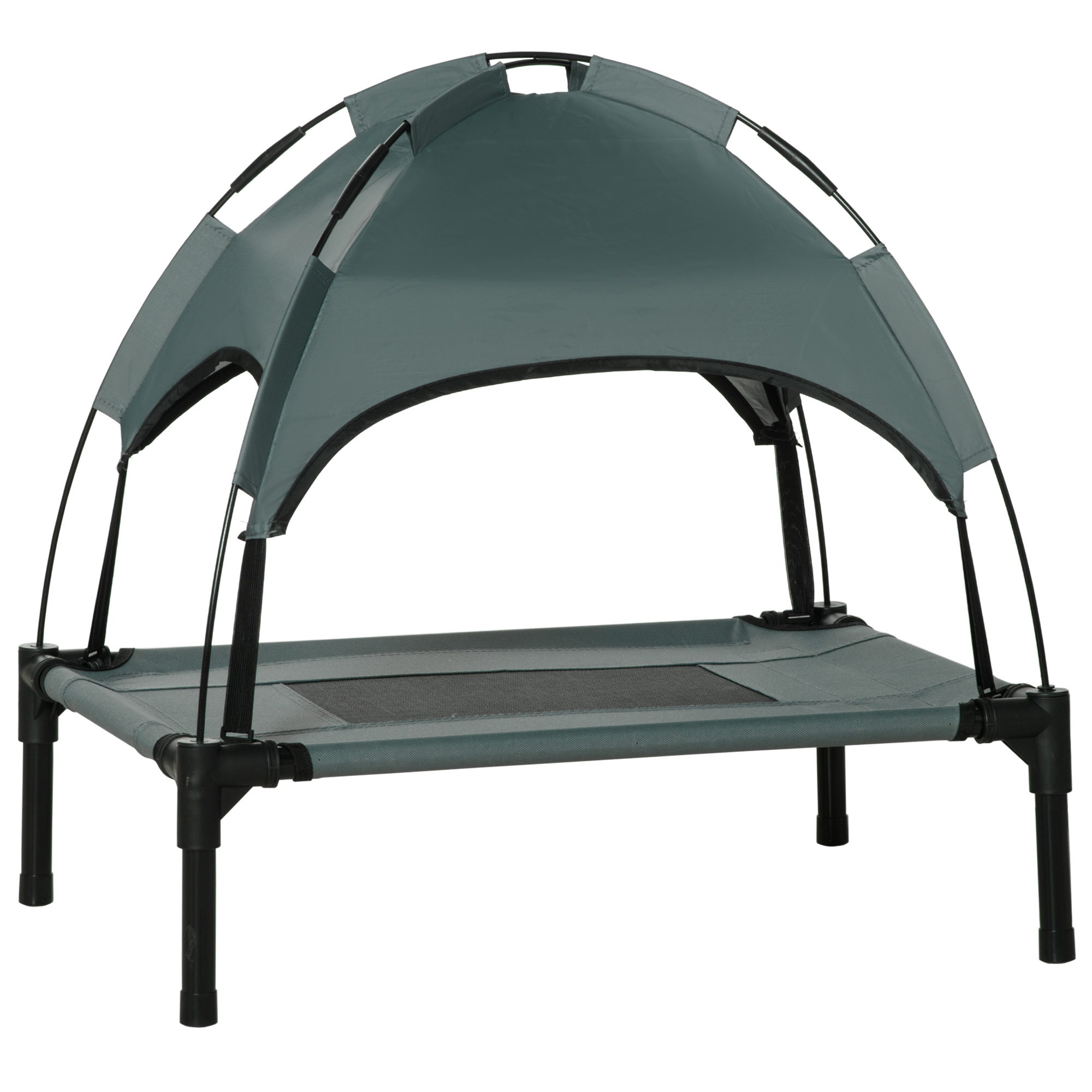 PawHut Hundeliege Outdoor mit Dach, erhöhtes Haustierbett mit Baldachin, atmungsaktiver Taftstoff, grau, 61x46x62cm für Komfort im Freien   Aosom.de