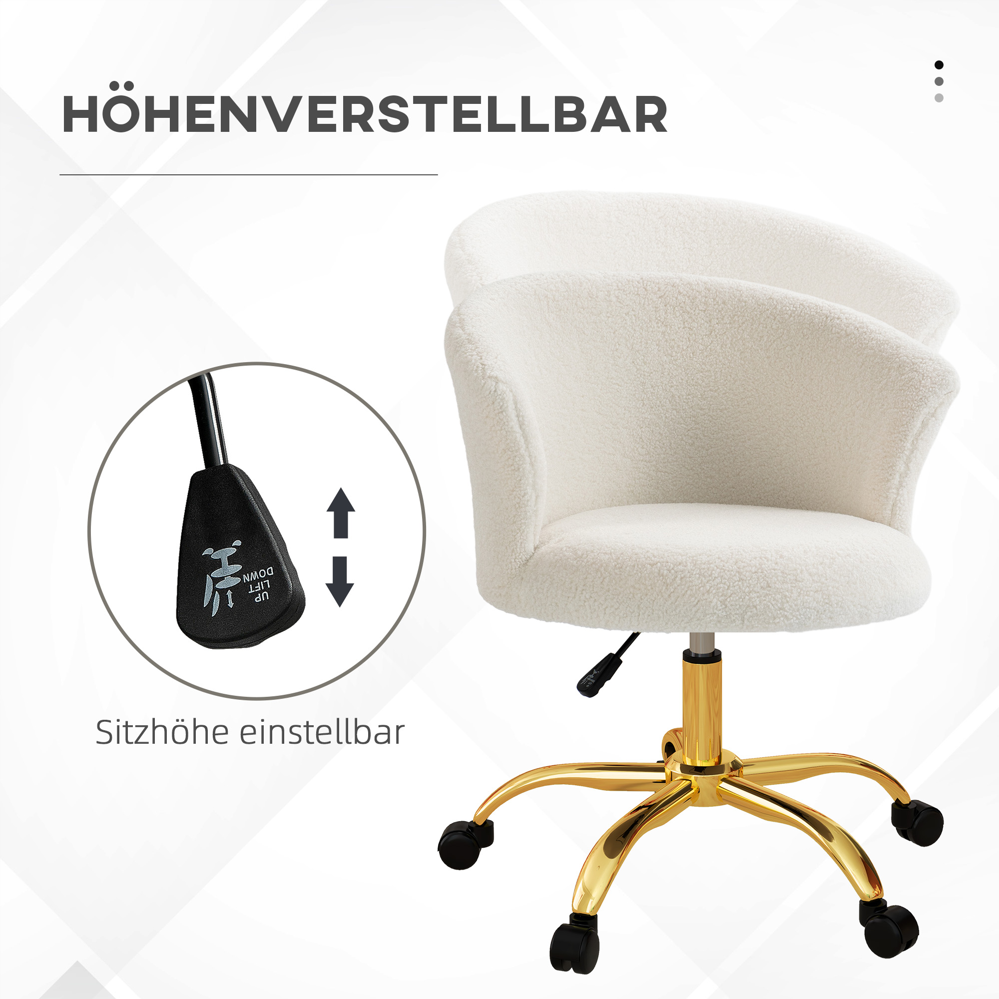 Lauatool, kõrgusega reguleeritav kontoritool fliisist imitatsiooniga, 58 x 56 x 68-76 cm, valge